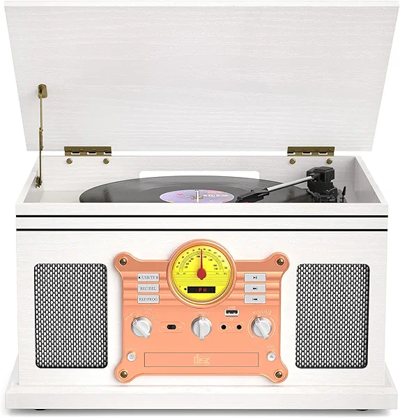 Vinyl Record Player and CD Player Cassette Combo, 10 in 1 Bluetooth Record Player with FM/AM Radio USB/TF Recording & AUX/RCA, Vintage 3-Speed Turntable for Home Decor, Gift Ready