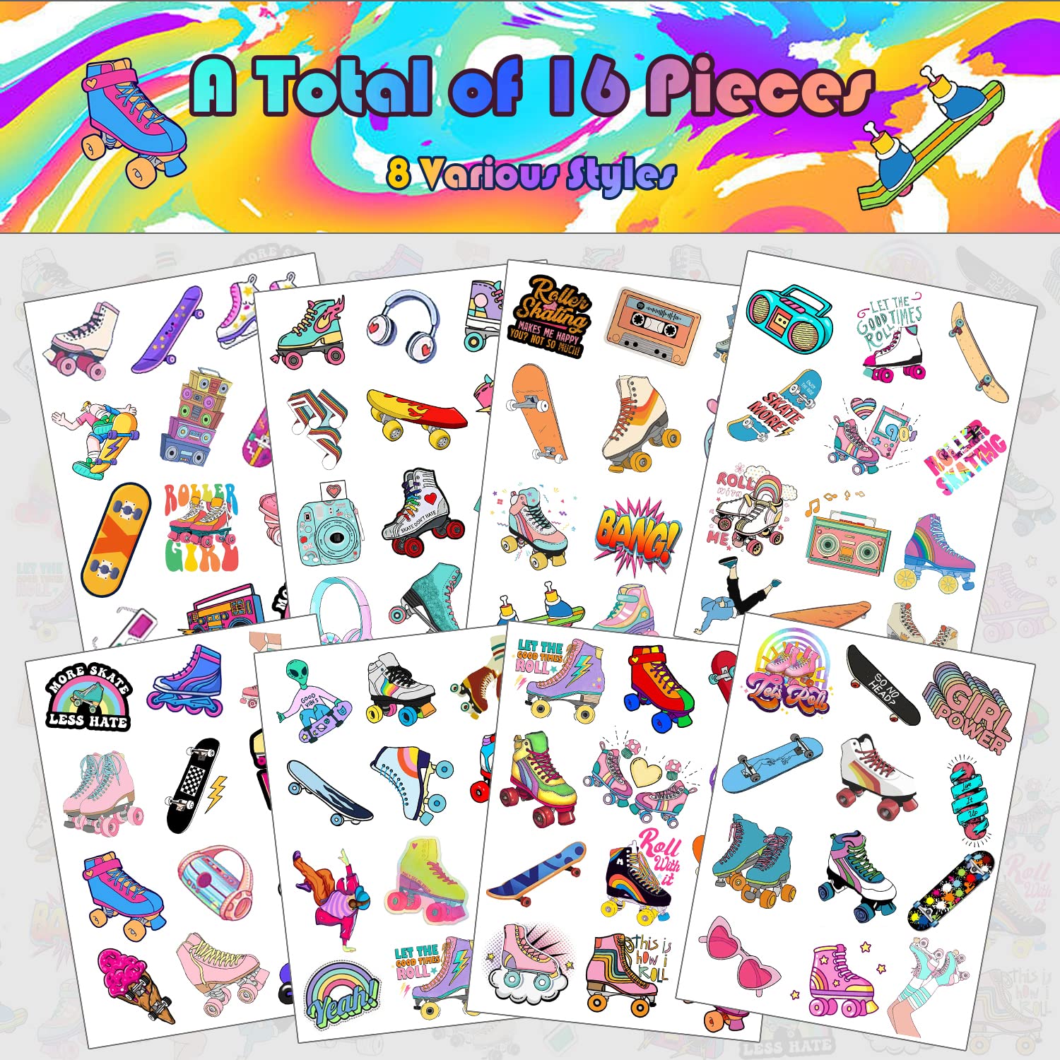 YYMYMGJ 16 Sheet Roller Skate Party Favors Roller Skating Temporary Tattoos Stickers for Kids Girls Boys Throwback to 90s Roller Skate Theme Party Decorations supplies (192 PCS) - Image 2