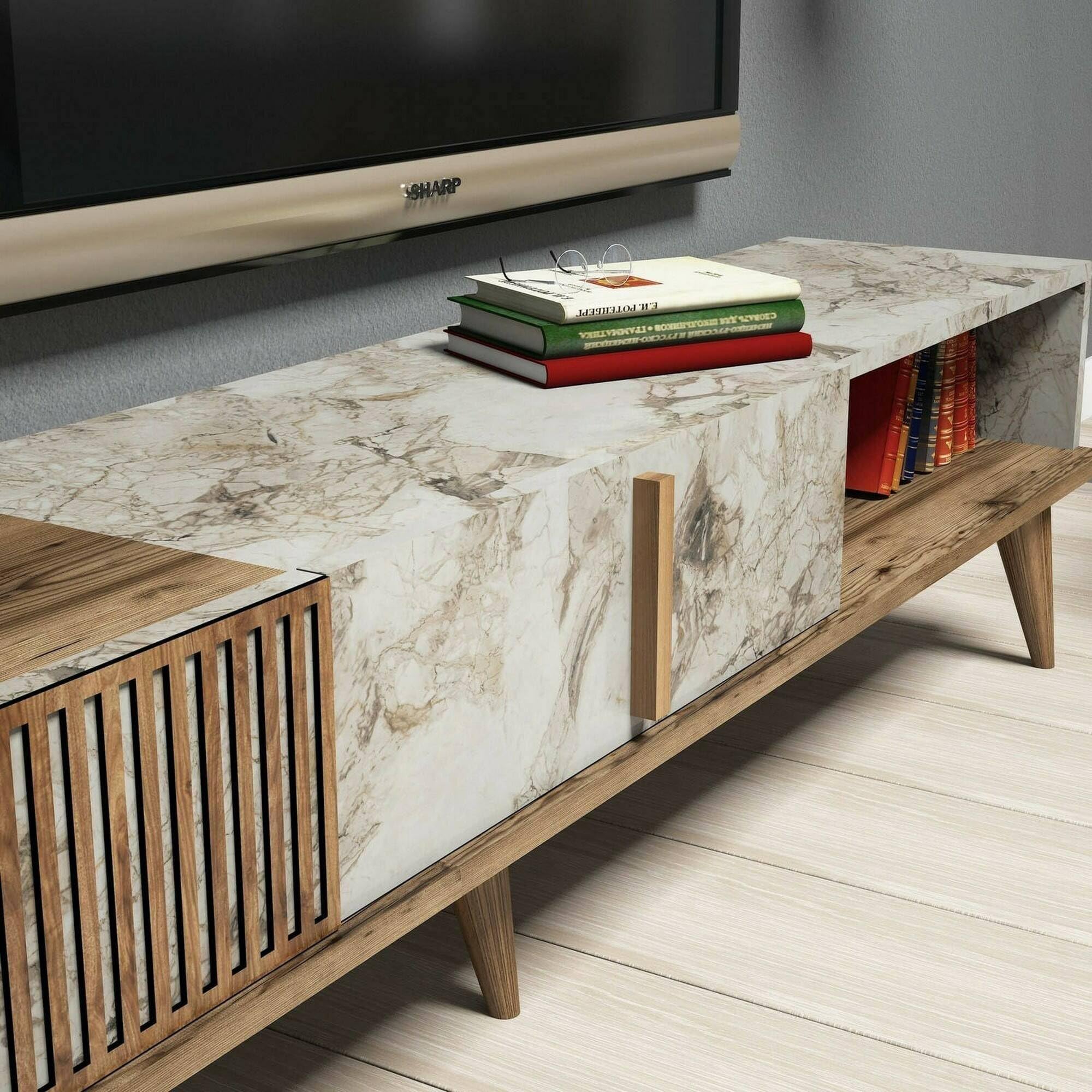 Dmora Parete attrezzata Gemini, Composizione Soggiorno, Mobile Salotto Multiuso, Armadio Porta TV, 180x35h40 cm, Noce e Bianco Marmo