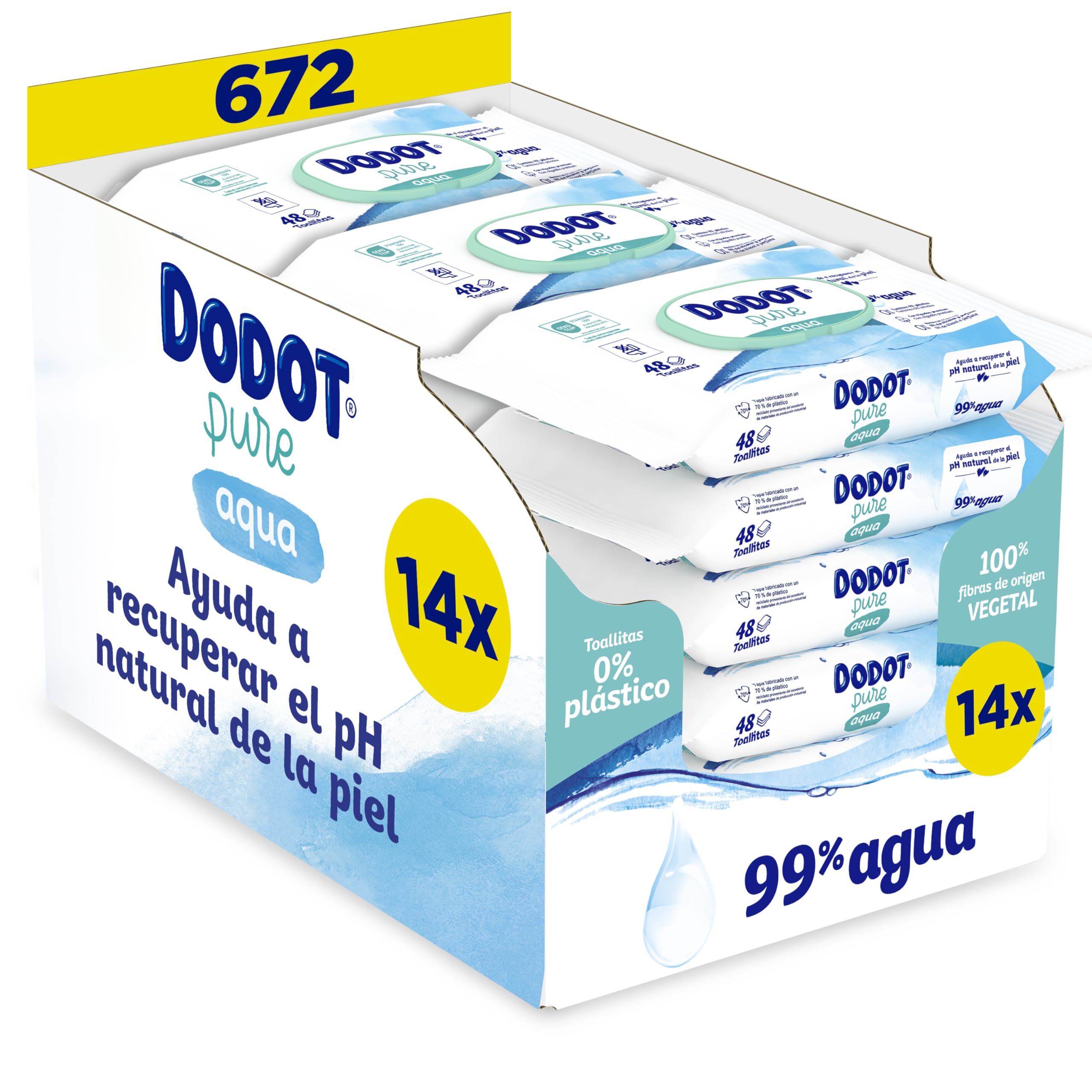 Dodot Toallitas Pure Aqua Para Bebé, 672 Toallitas (14 Pack De 48 Unidades), Ayuda A Restaurar El PH Natural De La Piel, 99% Agua, Sin plástico