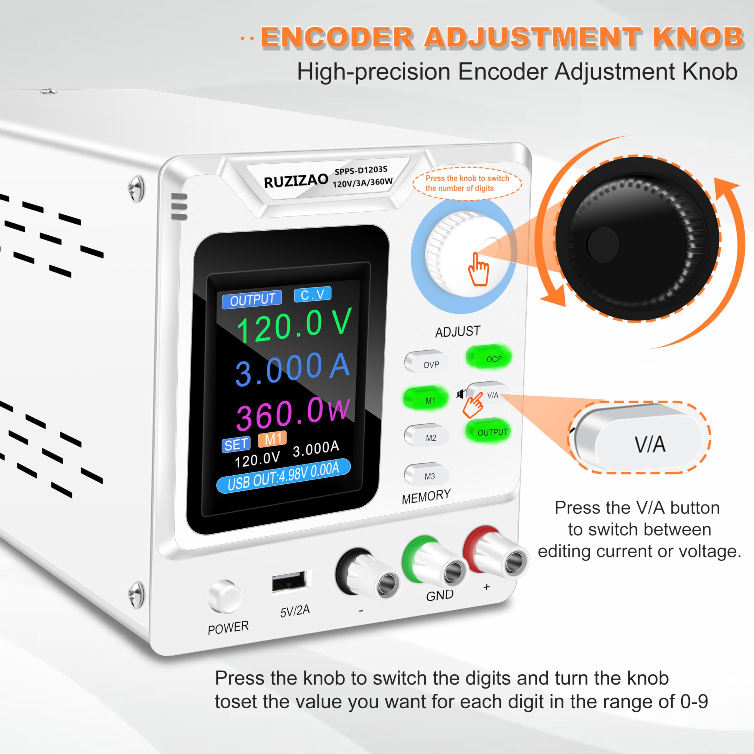Labornetzteil 120V 3A 360W 4-stelliger TFT-Anzeige Encoder Einstellung Labornetzgerät Ausgangsschalter/Ladeerkennung Labor DC-Stromversorgungen mit OCP/OVP/Memory/Output-Taste
