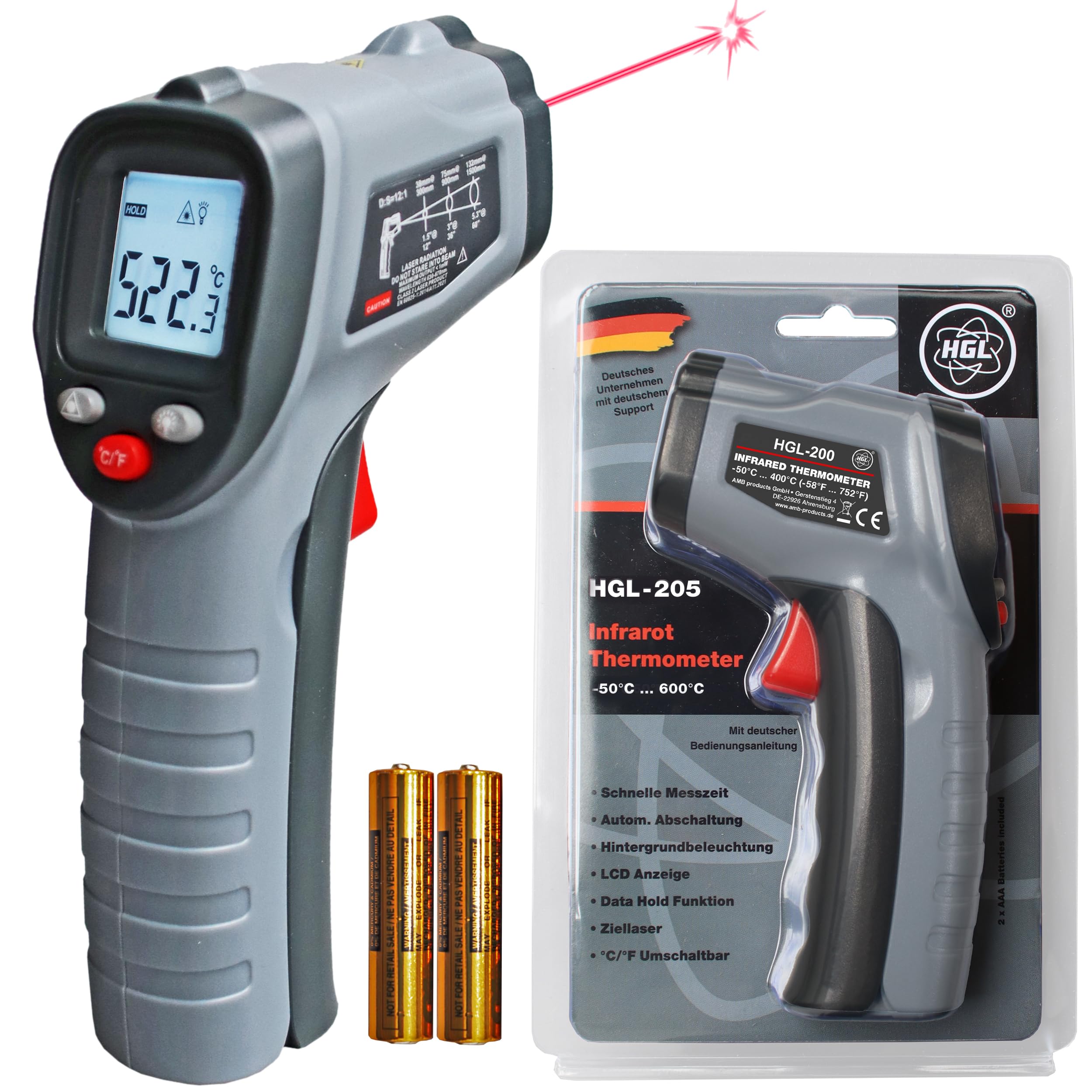 HGL-205 Infrarot Thermometer -50°C ... 600°C Temperaturmessgerät mit Laser für schnelle und präzise Messung der Oberflächentemperatur