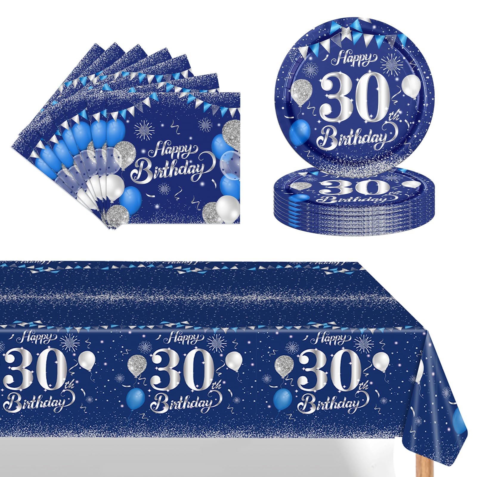 POPOYU 37Pcs Navy Blue Silver 30th Birthday Tableware Set,30th Birthday Napkins Blue and Silver,30th BlueSilver Table Cloth,30thBirthday Paper Plates for Him Her Men Women BirthdayGift Party Supplies