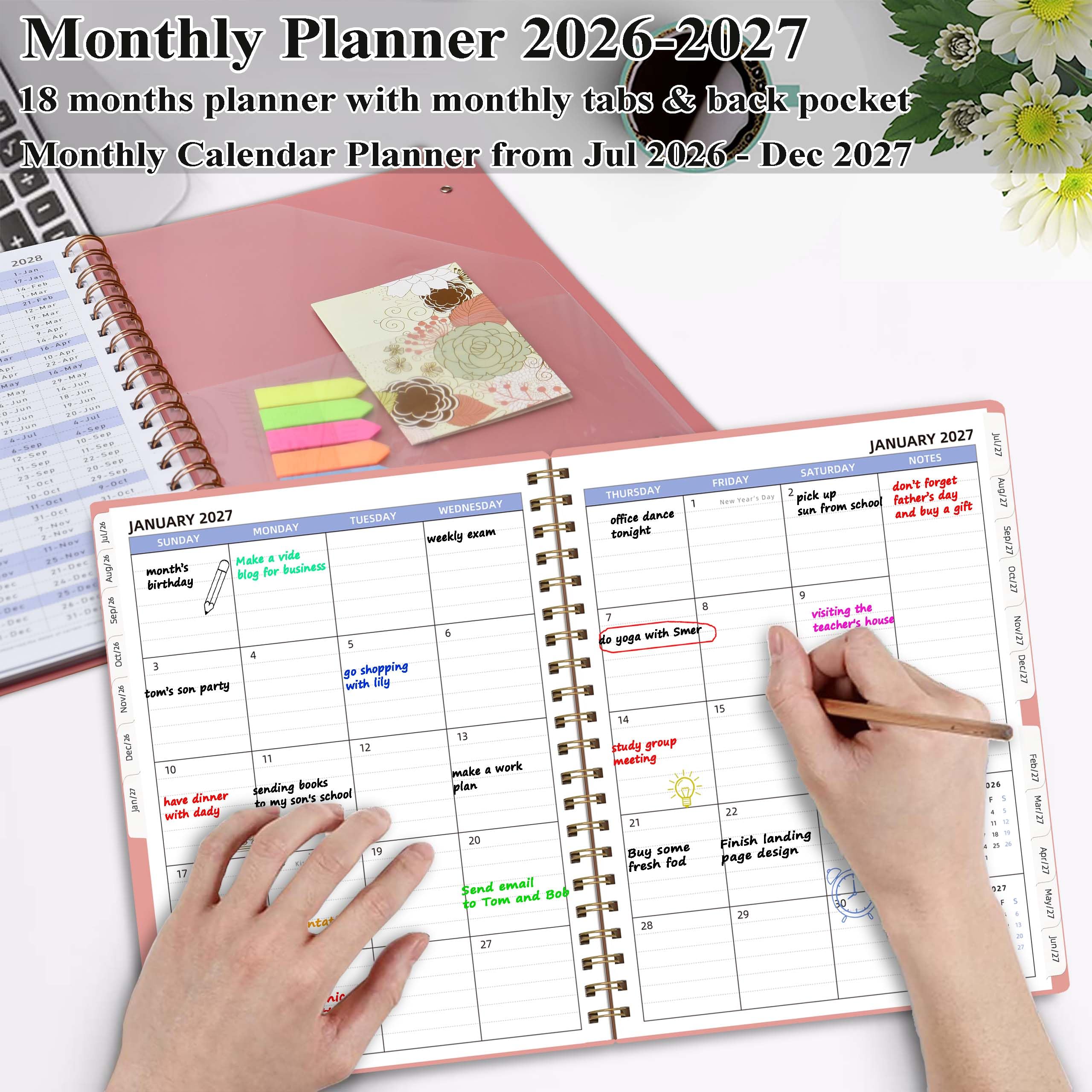 Monatsplaner 2026–2027, Juli 2026-Dez.2027, Agenda-Buch mit Registerkarten und Tasche, Rosa