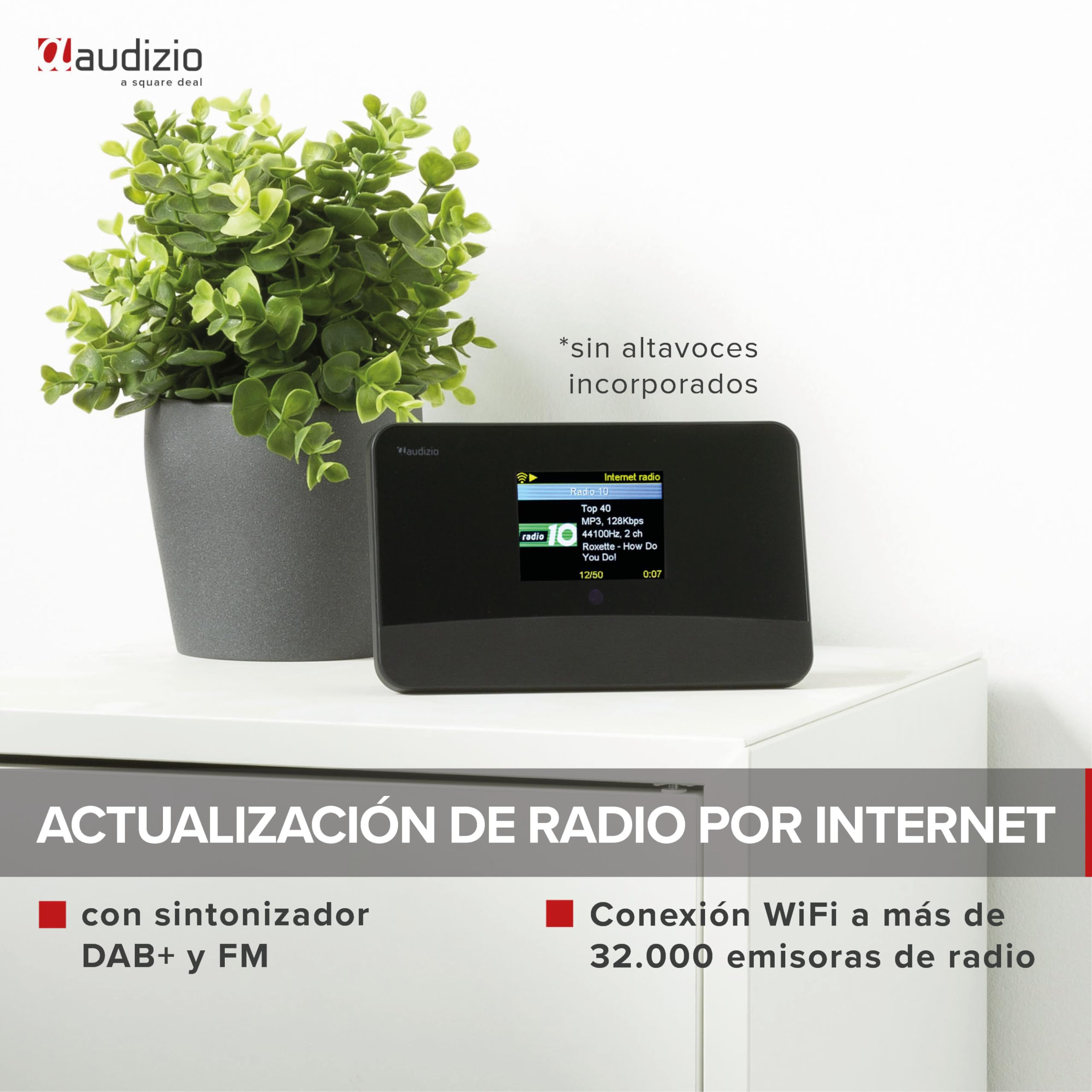 Audizio Livorno Adaptador de Radio por Internet con WiFi, extensión de Radio Dab+, Bluetooth, Mando a Distancia, Pantalla de 2,8", función de Alarma, Salida Óptica, FM, AUX, integración Sistema HiFi