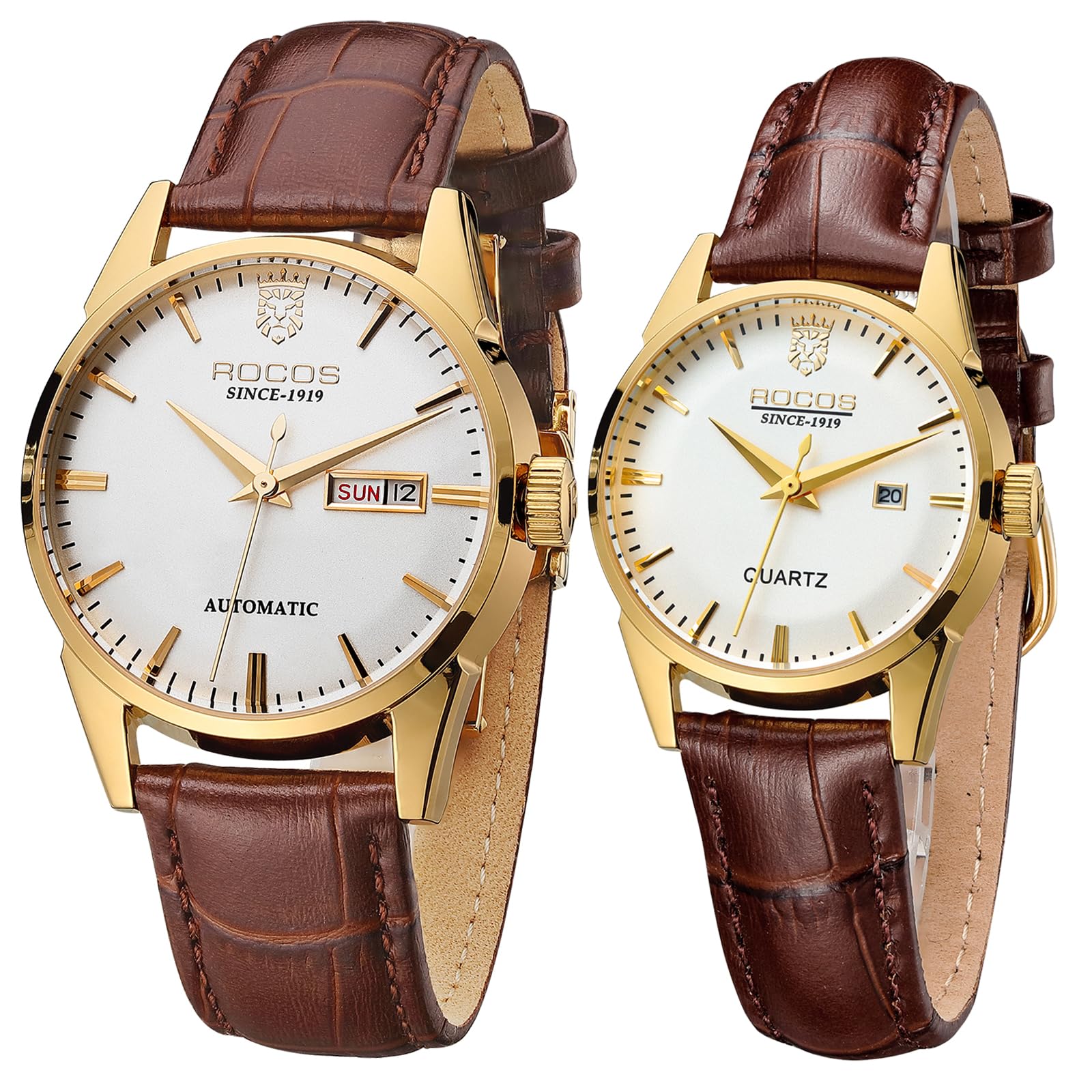 ROCOSJEWE R0101QL Couple Watch Set - Classic Gold Case with White Dial and Brown Leather…