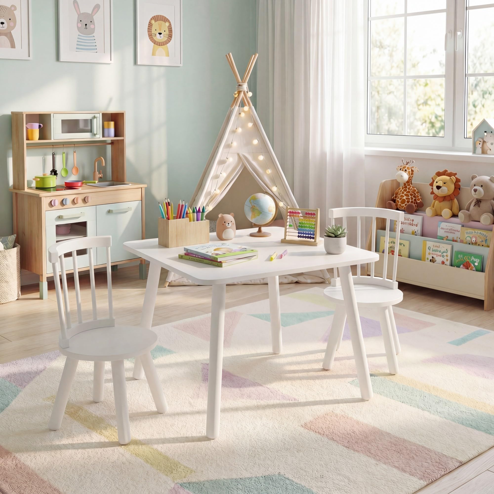 LIFEZEAL Kindertisch mit 2 Stühlen, 3-teilig Kindersitzgruppe für Jungen & Mädchen, Sitzgruppe Kinder Holz, Kinder-Tisch-Stuhl Set Kindermöbel Sitzgruppe für Kinderzimmer, Kindergärten (Weiß)