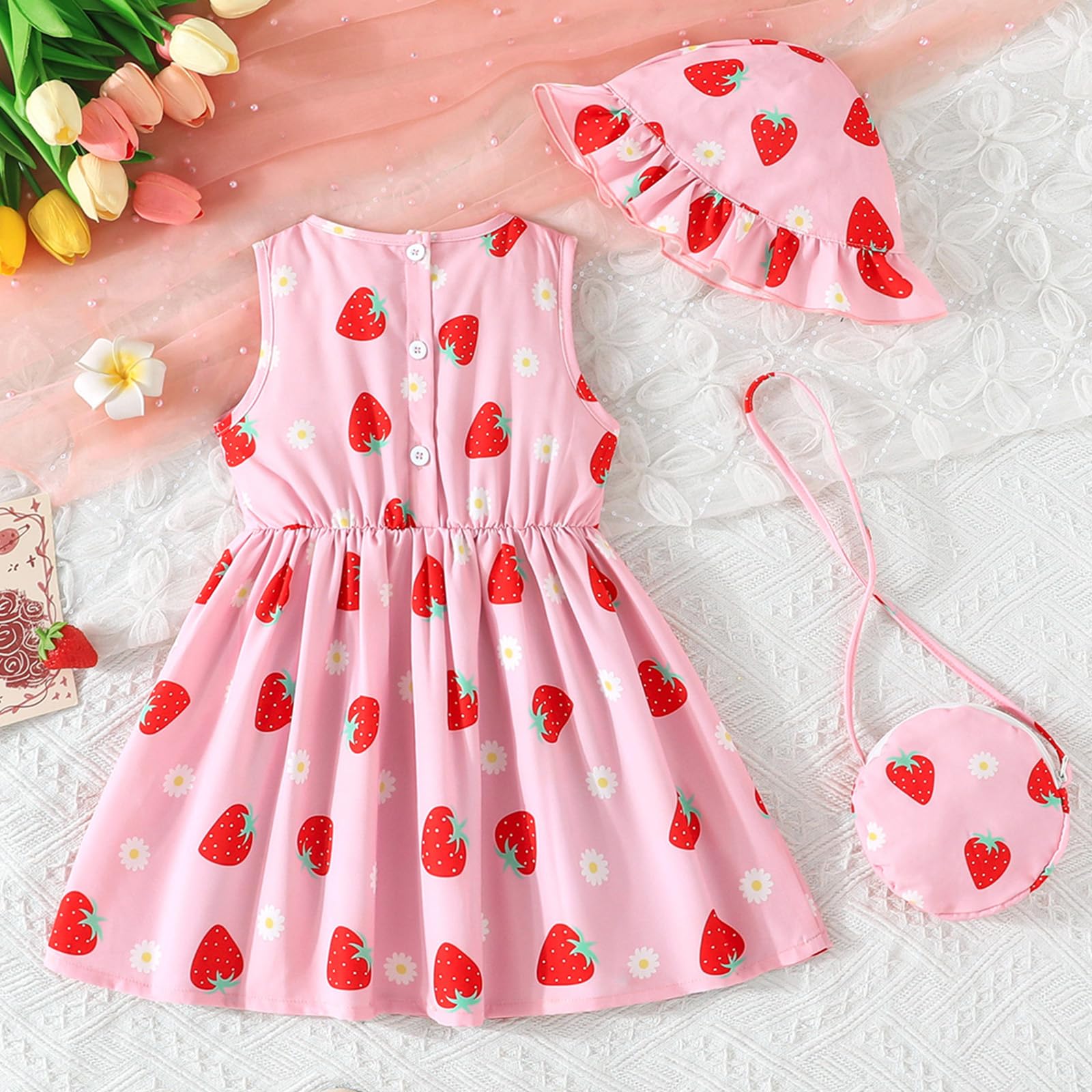 Robe d'été pour Filles en Bas âge avec Chapeau de Soleil et Sac Mignon Tenues décontractées sans Manches avec nœud pour bébé Vêtements de Plage pour bébé