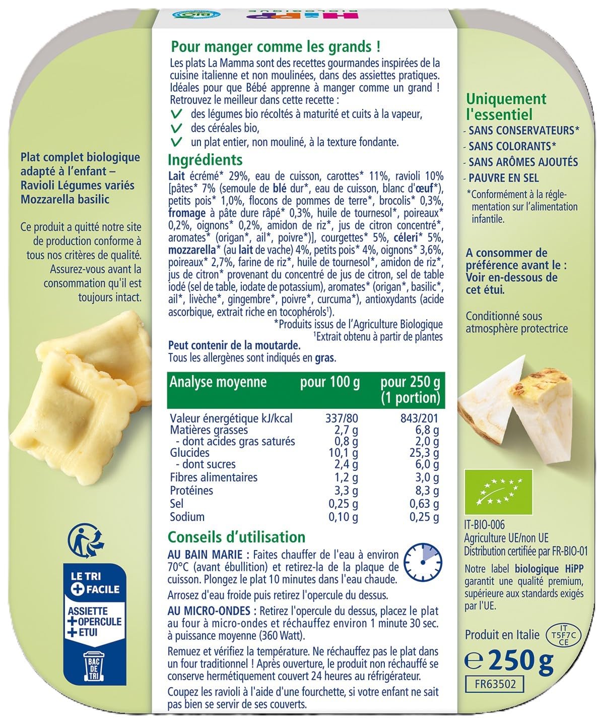 HiPP - La Mamma - Ravioli Légumes variés Mozzarella Basilic - Assiettes - 6x250 g - BIOLOGIQUE