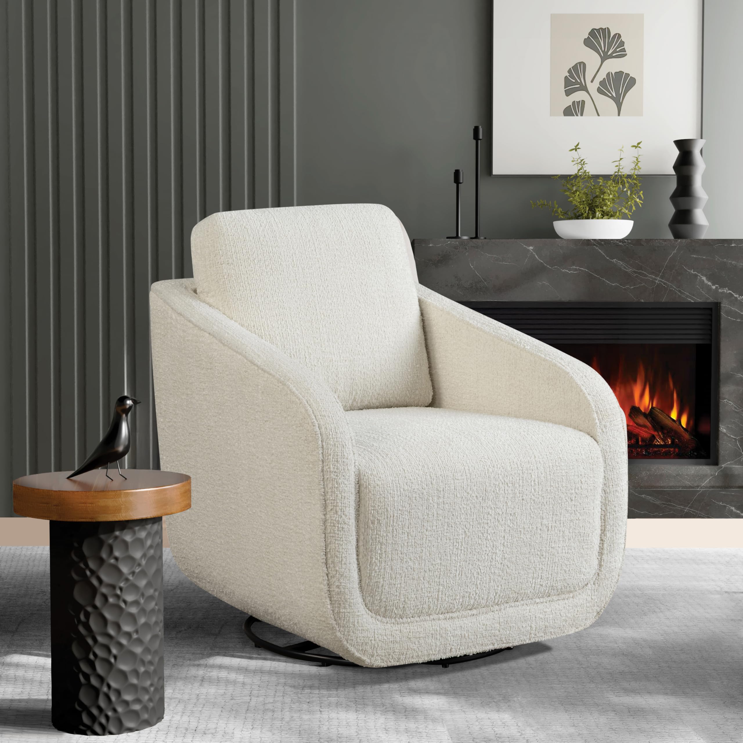 Studio Living® Lydia 35.3" Swivel Accent Chair, Modern Boho, Fully Assembled, Pocket Coil Comfort, Round Swivel Base Leg, Soft Chenille Fabric, Cream