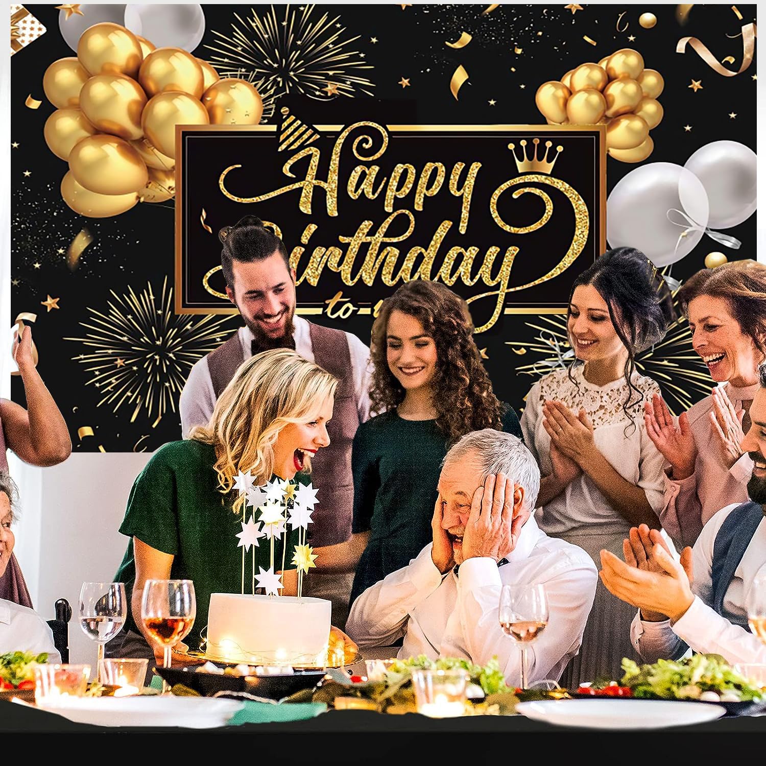 2.4x1.8m Telón de Fondo Cumpleaños Negro y Oro Happy Birthday Signo Globo Fuegos Artificiales Cartel Fotografía Fondo Fiesta de Cumpleaños Interior Decoraciones al Aire Libre Banner Photo Booth Props
