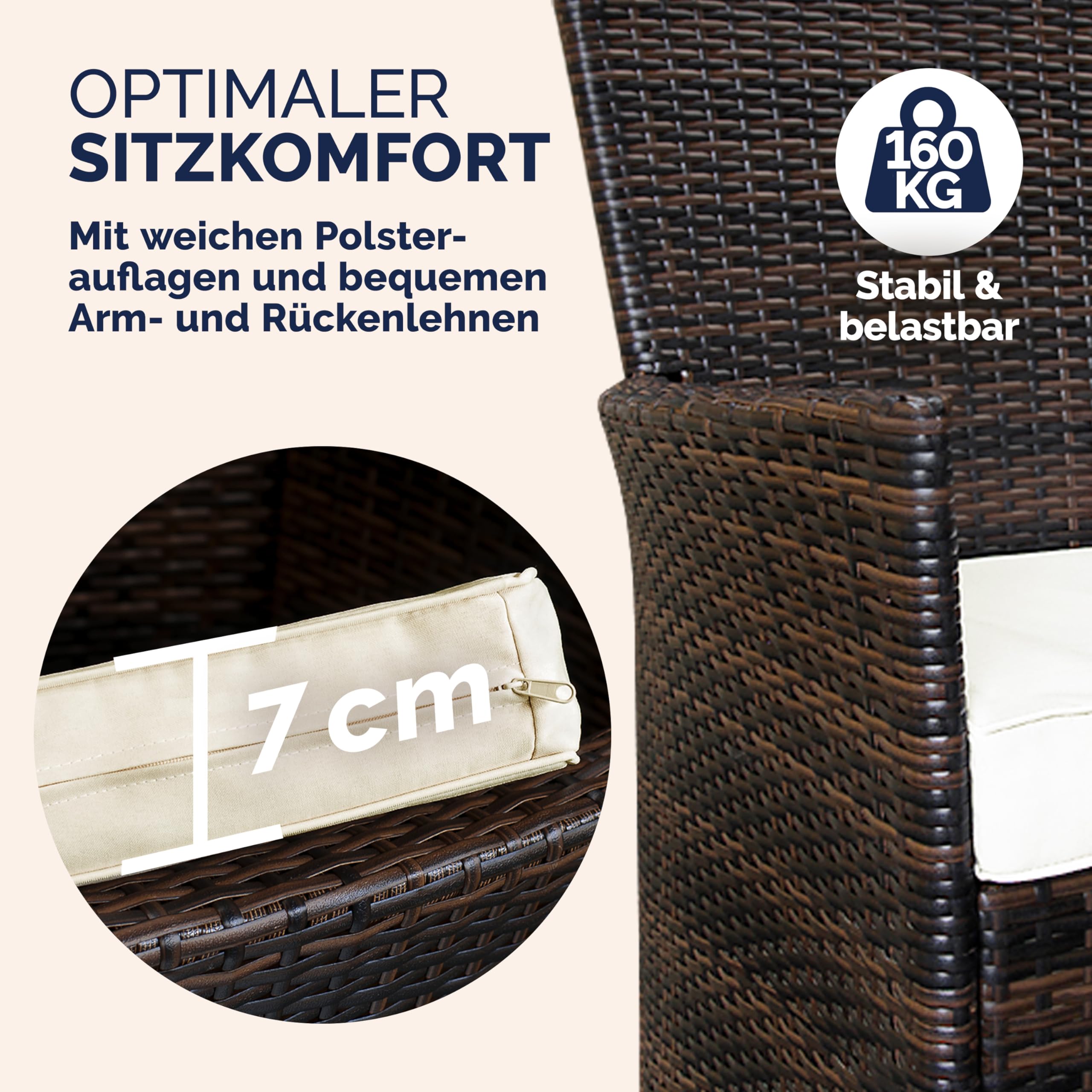 Casaria® Gartenmöbel Set 6 Personen Stühle inkl. 7cm Polster Tisch 150x90cm Balkonmöbel 160kg Belastbar Wetterfest Polyrattan Stapelbar Terrasse Möbel braun