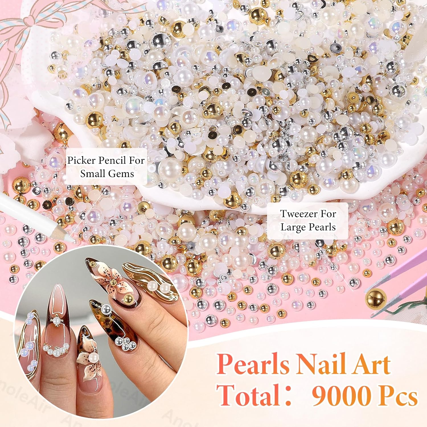 9000Pcs Half Pearls for Crafting, Gold Silver White Flatback Pearls for Bedazzling, Flatback Gold Pearl for Nails, ABS Pearl Nail Beads Gems for Nails DIY Crafts Shoes Clothes Bags DIY Making - Image 3