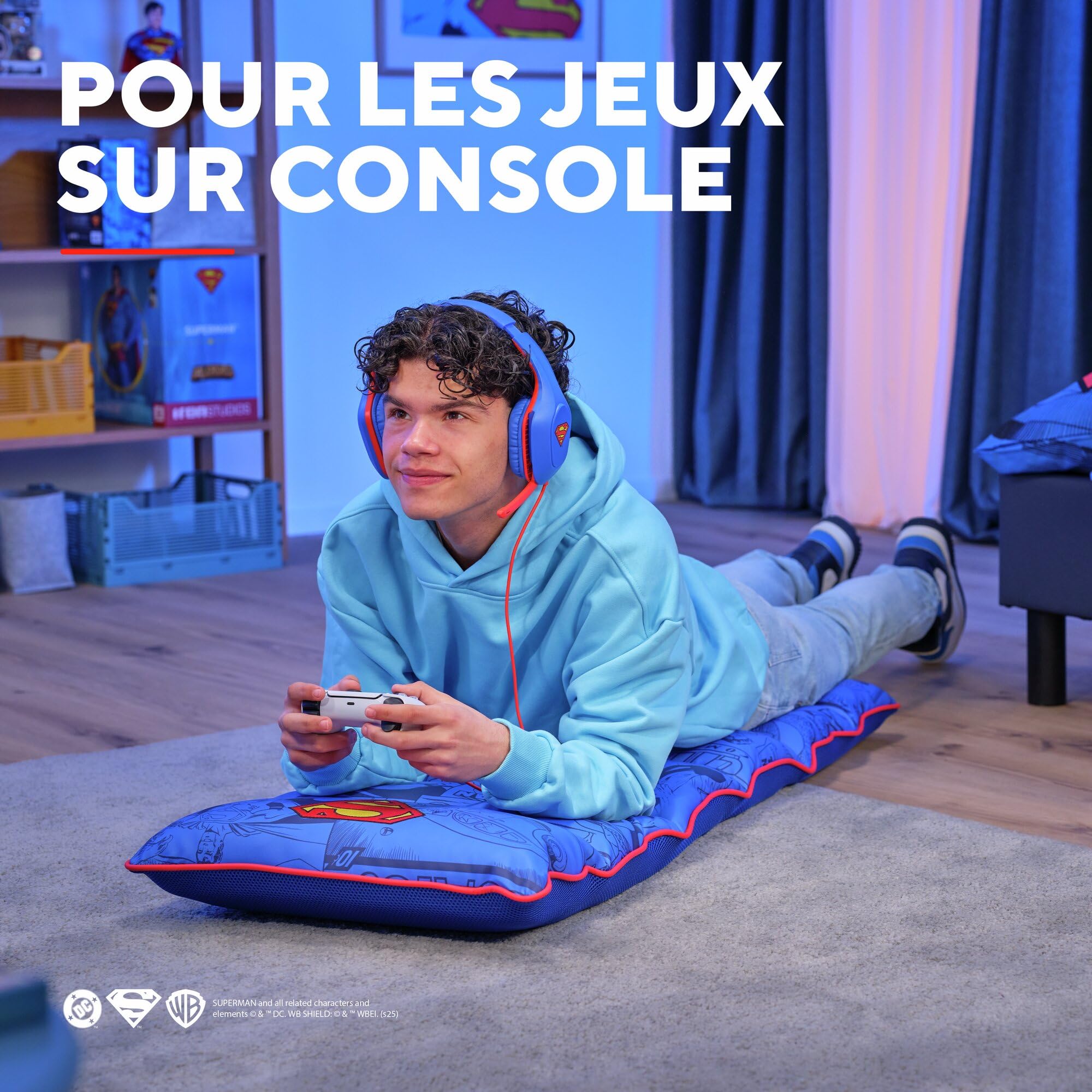 GXTrust Rayzee Chaise Gaming Pliable avec Licence Superman, Bleu | Coussin De Sol Réglable pour Consoles, Supporte Jusqu'à 125 kg, Fauteuil Gamer pour Jeux Relax Enfant Lecture