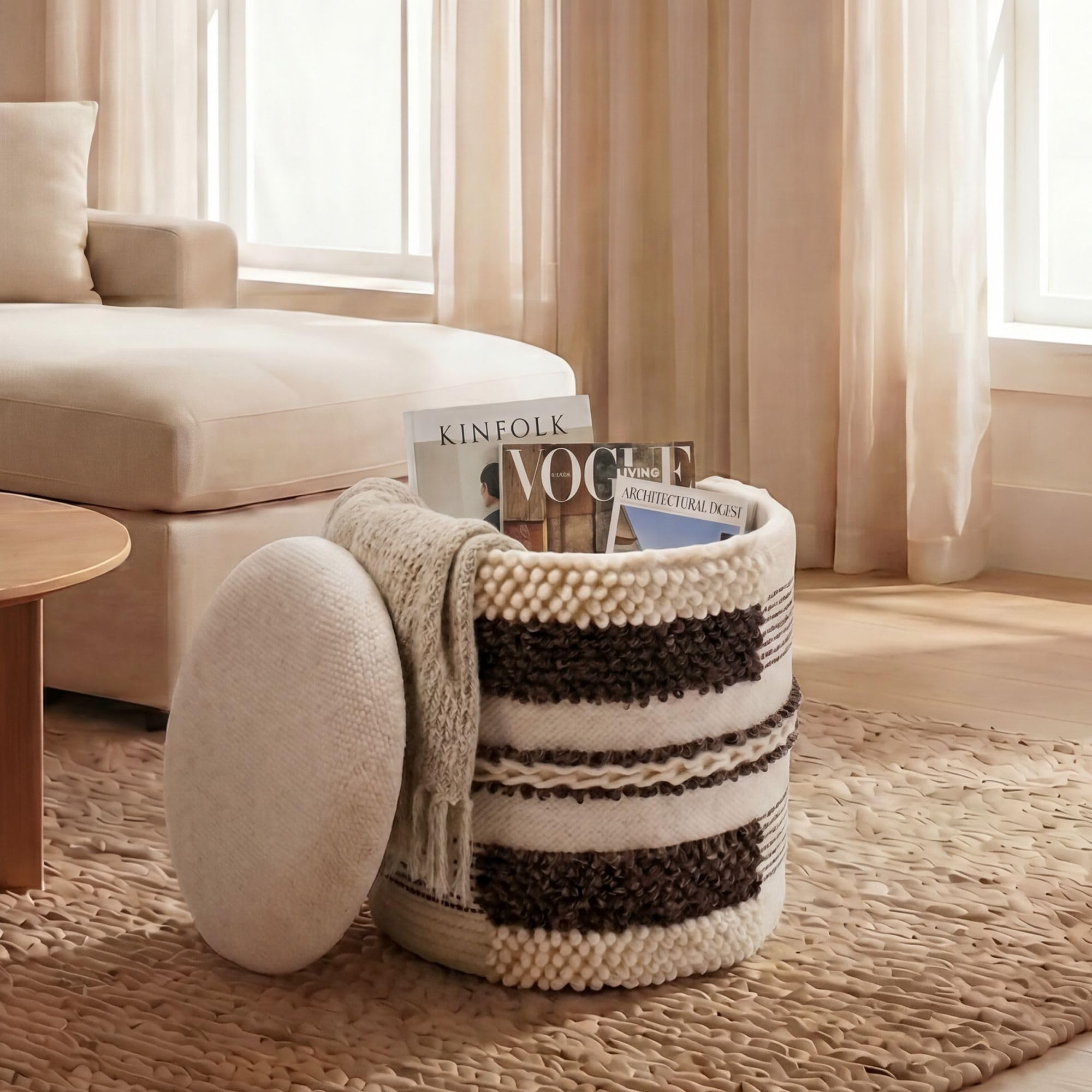 FineBuy Pouf Rotondo 40 cm Lana Beige con Vano Contenitore | pouf imbottito coperchio amovibile, pouf in tessuto in stile boho, sgabello da toeletta fino a 120 kg, artigianale