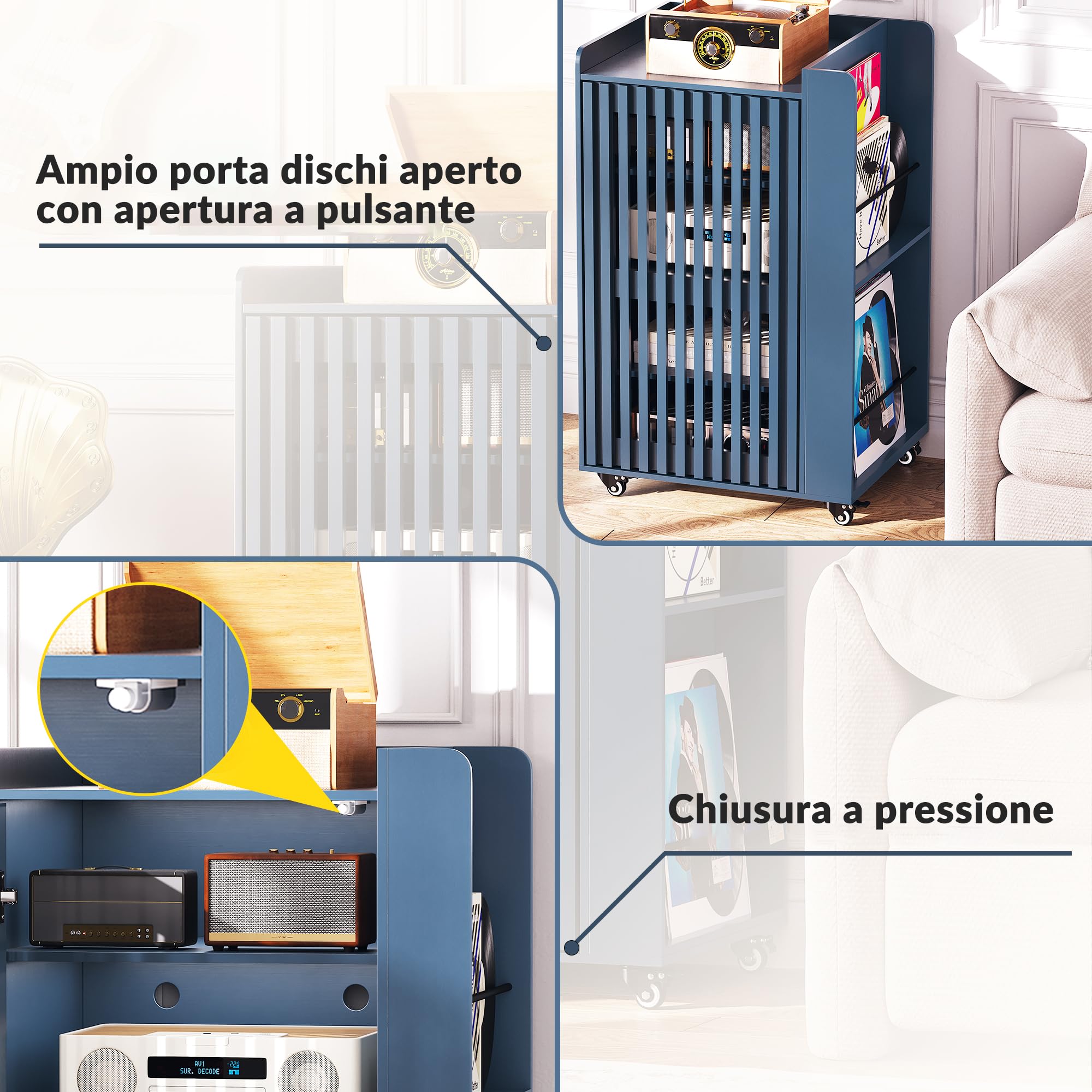 Supporto per giradischi con vano per vinili, mobile porta stereo con anta a doghe e ripiani regolabili, mobiletto porta giradischi in legno con ruote e sistema di gestione dei cavi per il soggiorno.