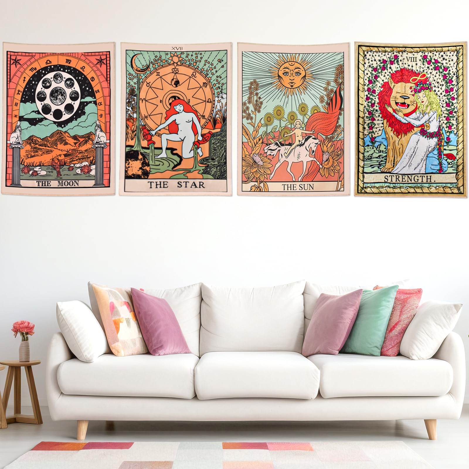 ZeeDix 4 Pack Tarot Card Tapestry Wall Hanging Cute Boho Hippie Art Spiritual Tapestries with the Sun and Moon Star Strength Astrology Small Tapestry for Bedroom Living Room Wall Decor Aesthetic (Orange 19.7"x 15.7")