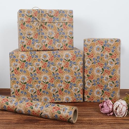 Miniatura 6 de Aimyoo - Rollo de papel de regalo floral Kraft - Rollo jumbo - 30 pulgadas x 33 pies - Papel de regalo vintage con flores para todas las ocasiones,