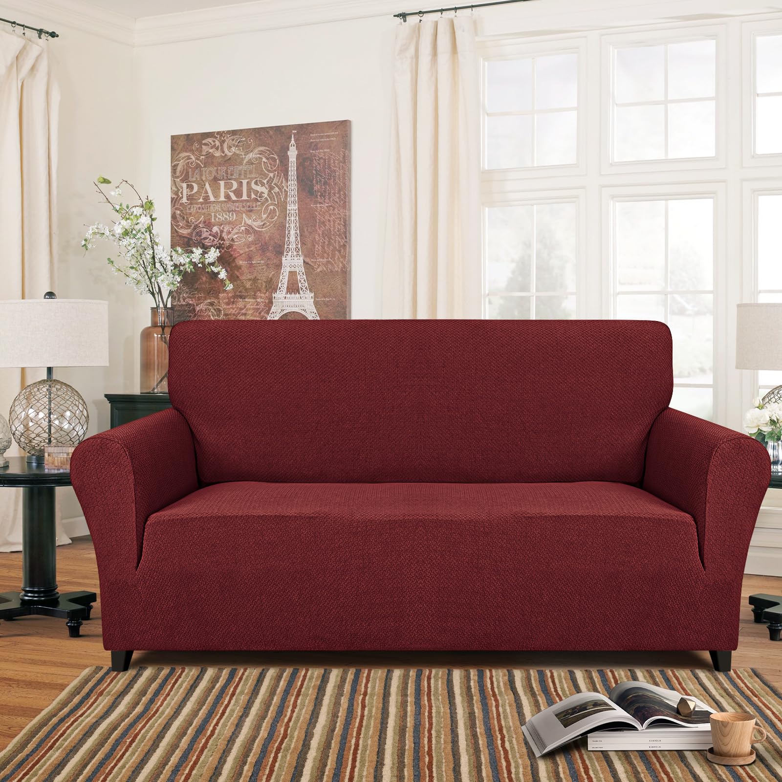 Lydevo Copridivano 3 Posti con Braccioli Fodere per Divano Jacquard Nuovo Spessore Rivestimento per Divano con 2 Copricuscini Universale Divano Protector per Animali,Tattile Jacquard#Claret