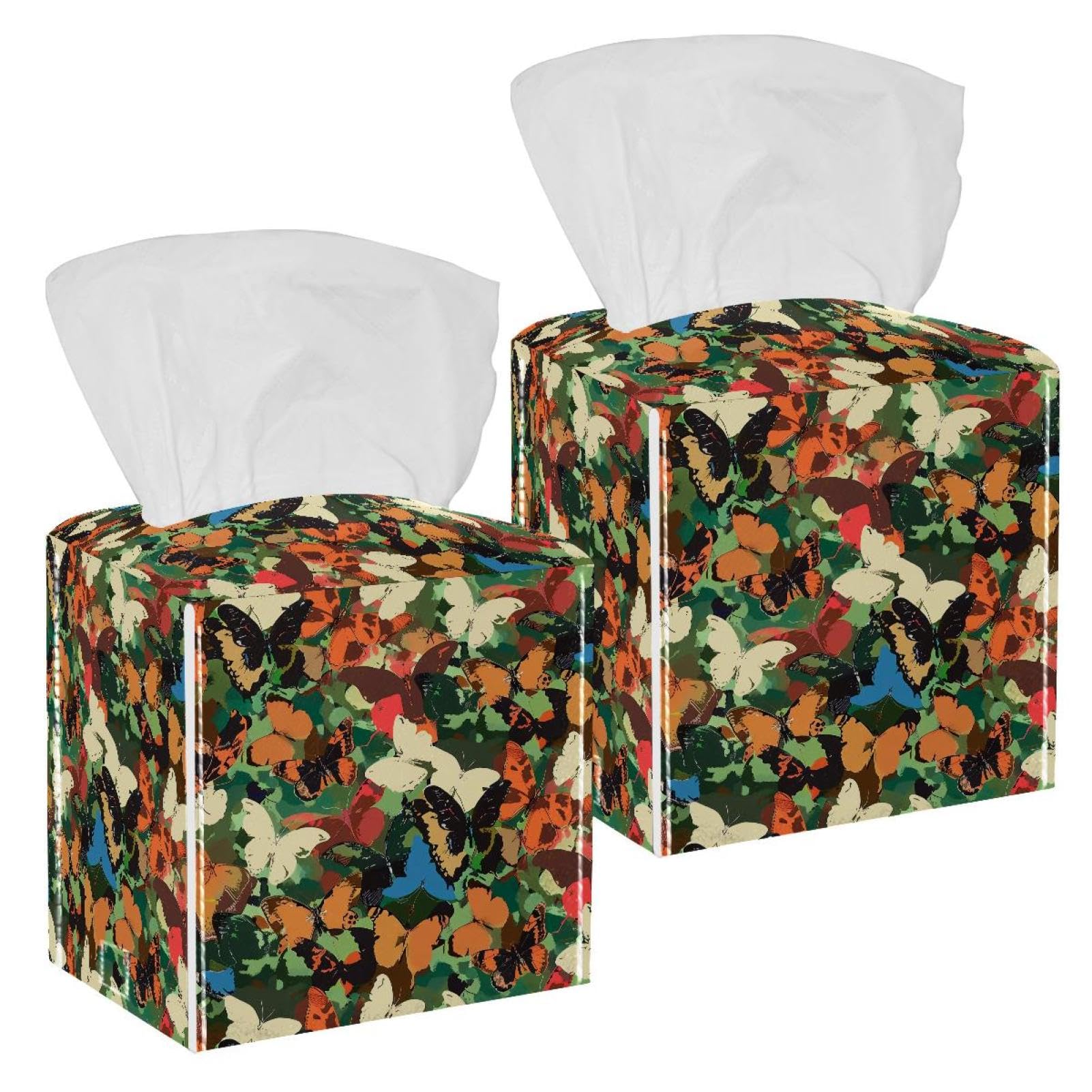 Butterfly Camouflage Tissue Box Cover, 2 Pack PU Leather Square Facial Tissue Dispenser Box holder for Home Office Car