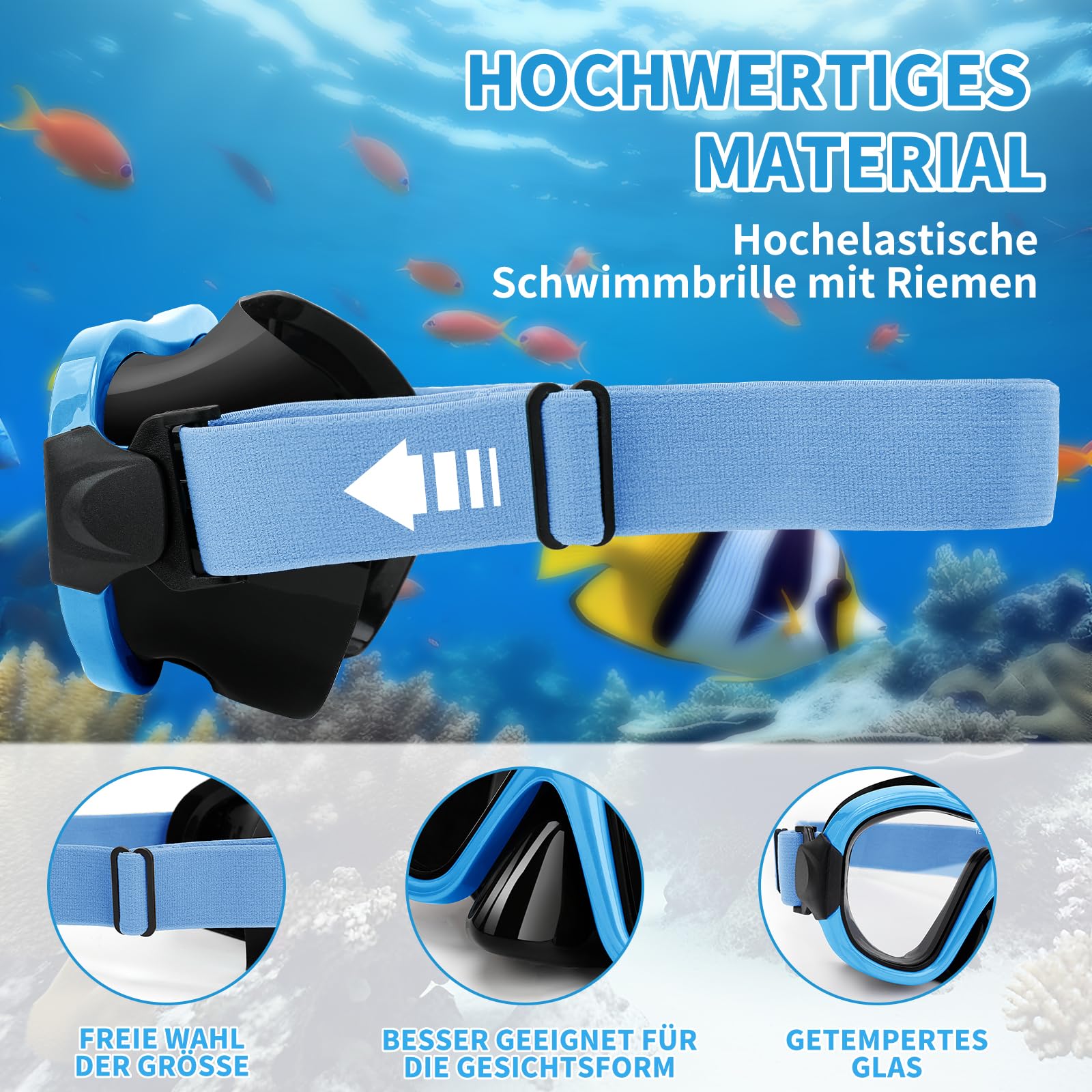 Schwimmbrille Scuba Schnorchel Maske für Erwachsene, verstellbare elastische Strickband Schwimmbrille, gehärtetes Glas mit Panorama Scuba Snorkel Tauchmaske für Erwachsene