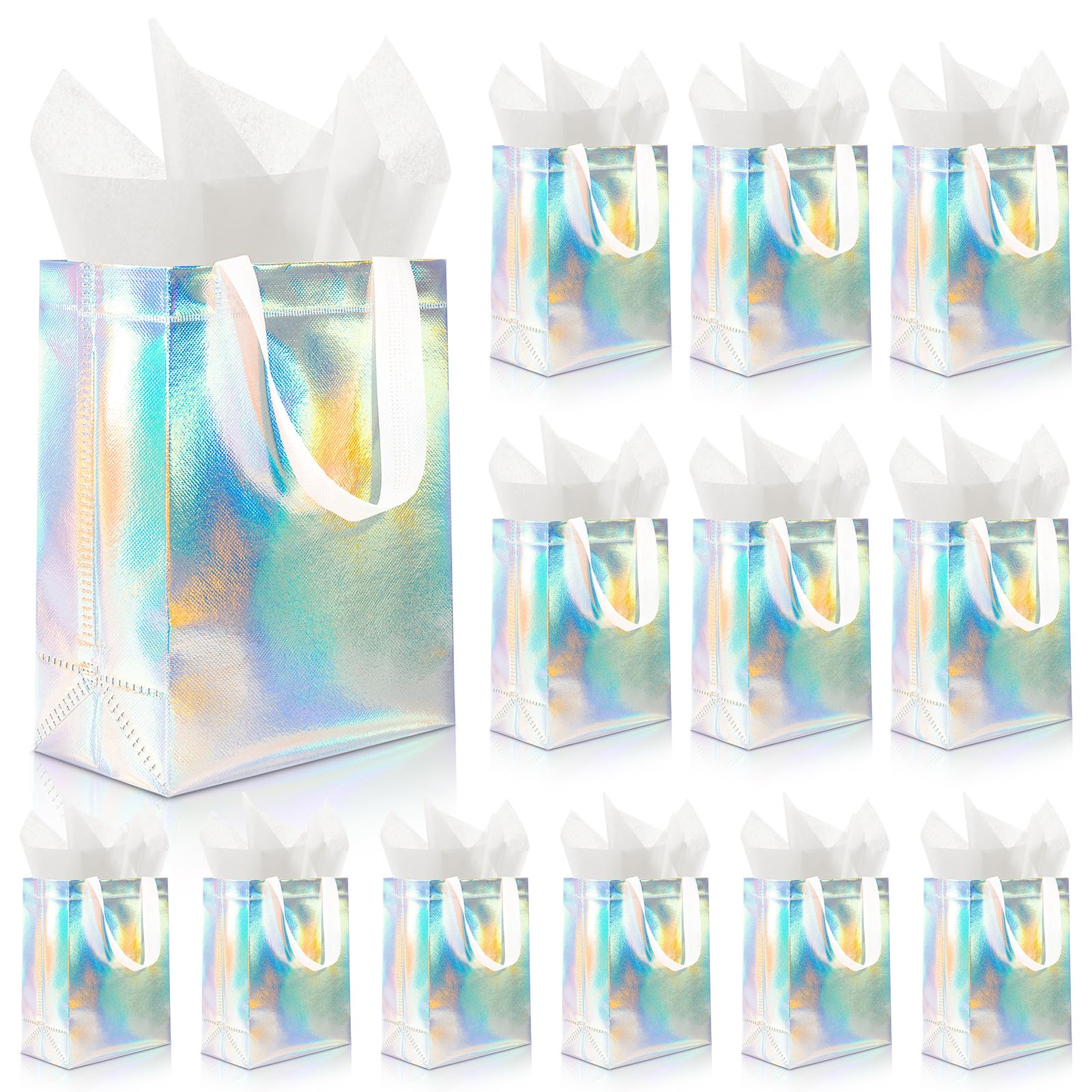 Addblu 12 Pack Reusable Gift Bags with Handles & 24 Tissue Papers, 10x4x8 Inch Iridescent Gift Bags with Cardboard Bases for Shopping, Parties, Birthdays, Weddings, Holiday, Father's Day (Holographic Gift Bag-White Papers)