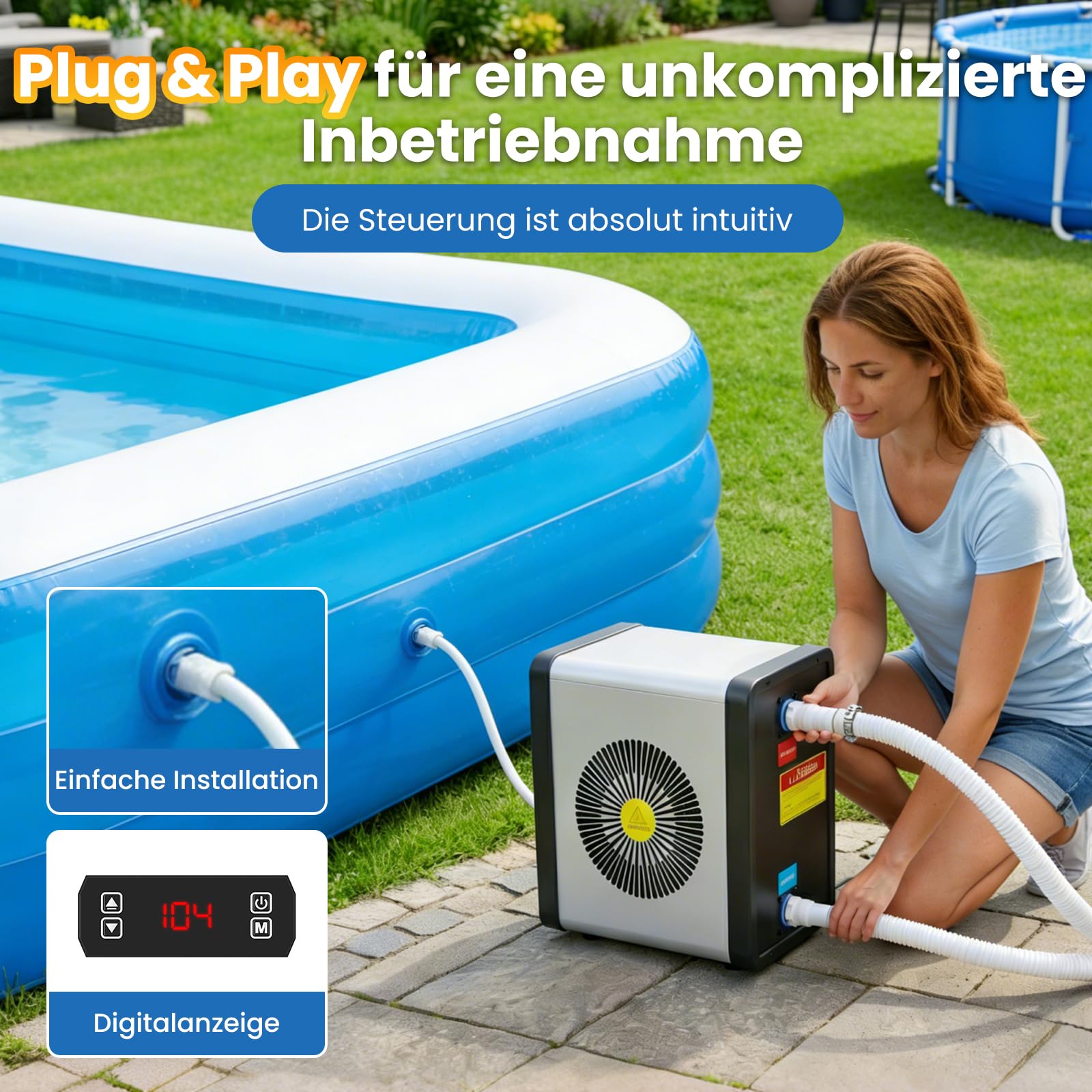 Mini-Wärmepumpe für Pools – 5 kW, steckerfertig, leise (29–45 dB), COP 5,5, 220–240 V – Heizen & Kühlen für bis zu 20 m³ – verlängert die Badesaison