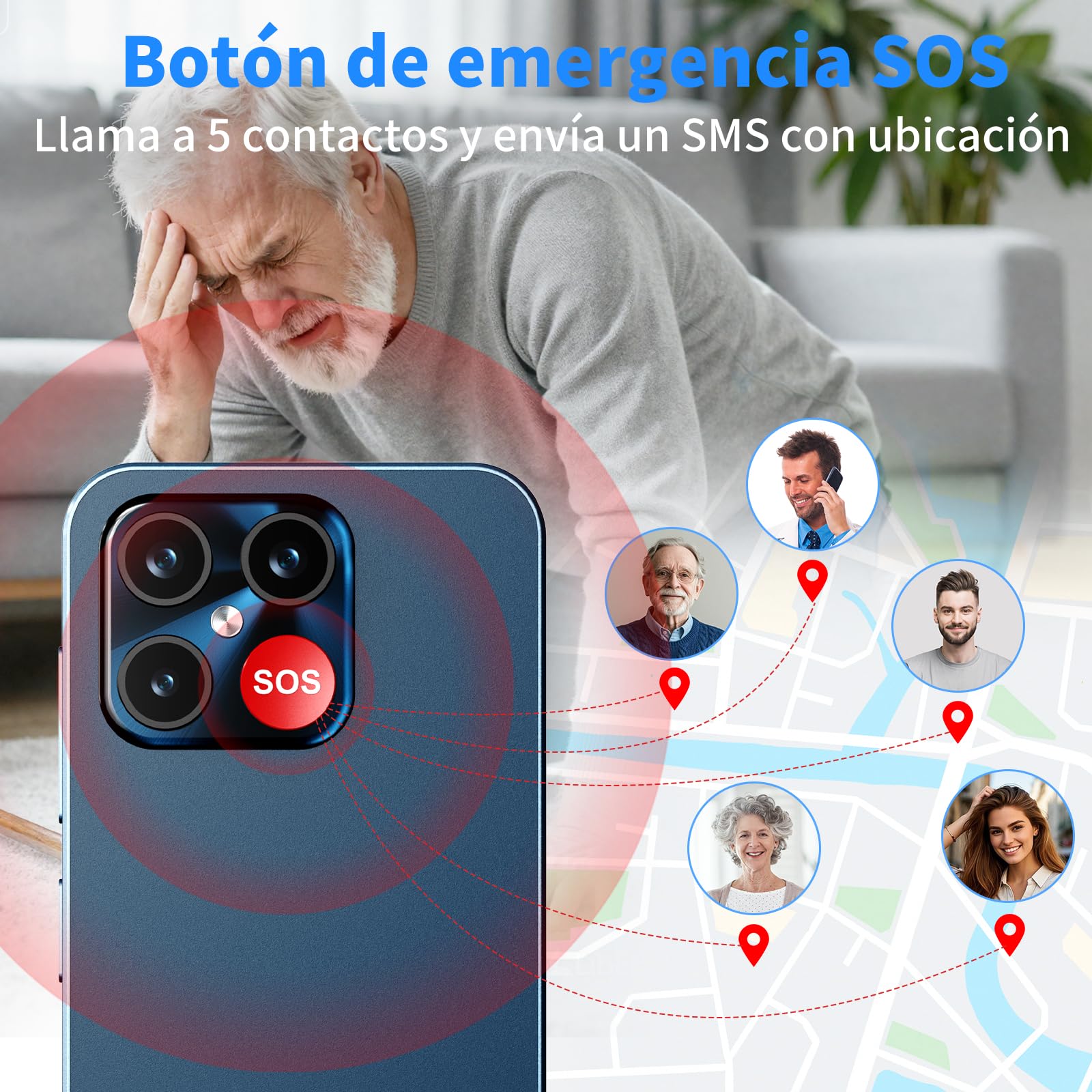 uleway Teléfono Móvil para Personas Mayores 4G, Iconos Extragrandes, Azul | Modo Senior, Doble SIM, GPS, 4+64 GB, Android 15, Pantalla HD de 6,6", Batería 4000 mAh con Base, Botón SOS