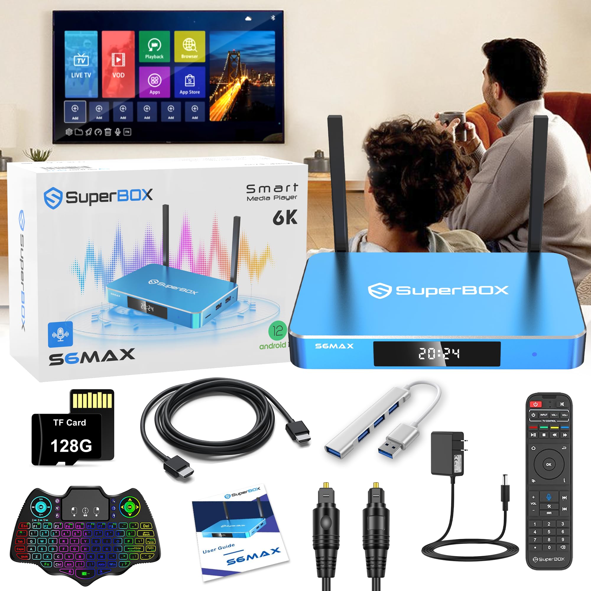 The Latest Version of ESPBOP S-6 M-a. x Comes with 4 + 64GB Super Storage, 128GB TF Card, Mini Keyboard, Voice Remote, 3.0 USB Hub, HD Cable, User Guide