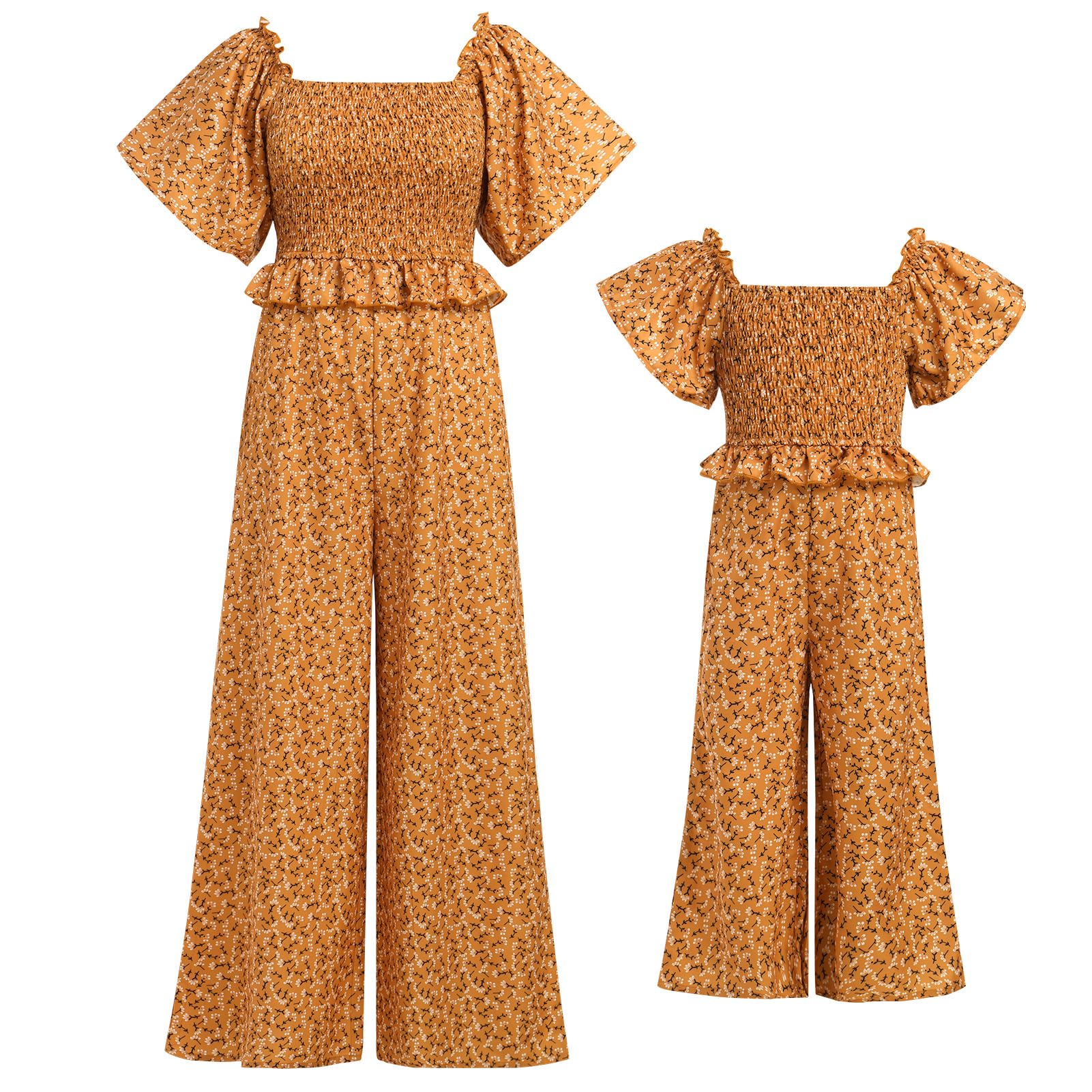 AWIBMK Mommy and Me Dresses Outfits Floral Print Short Sleeve Family Matching Solid Color Wide Leg Jumpsuit Romper Square Neck Smocked Chest Summer Clothes for Mother and Daughter Brown Flowers M