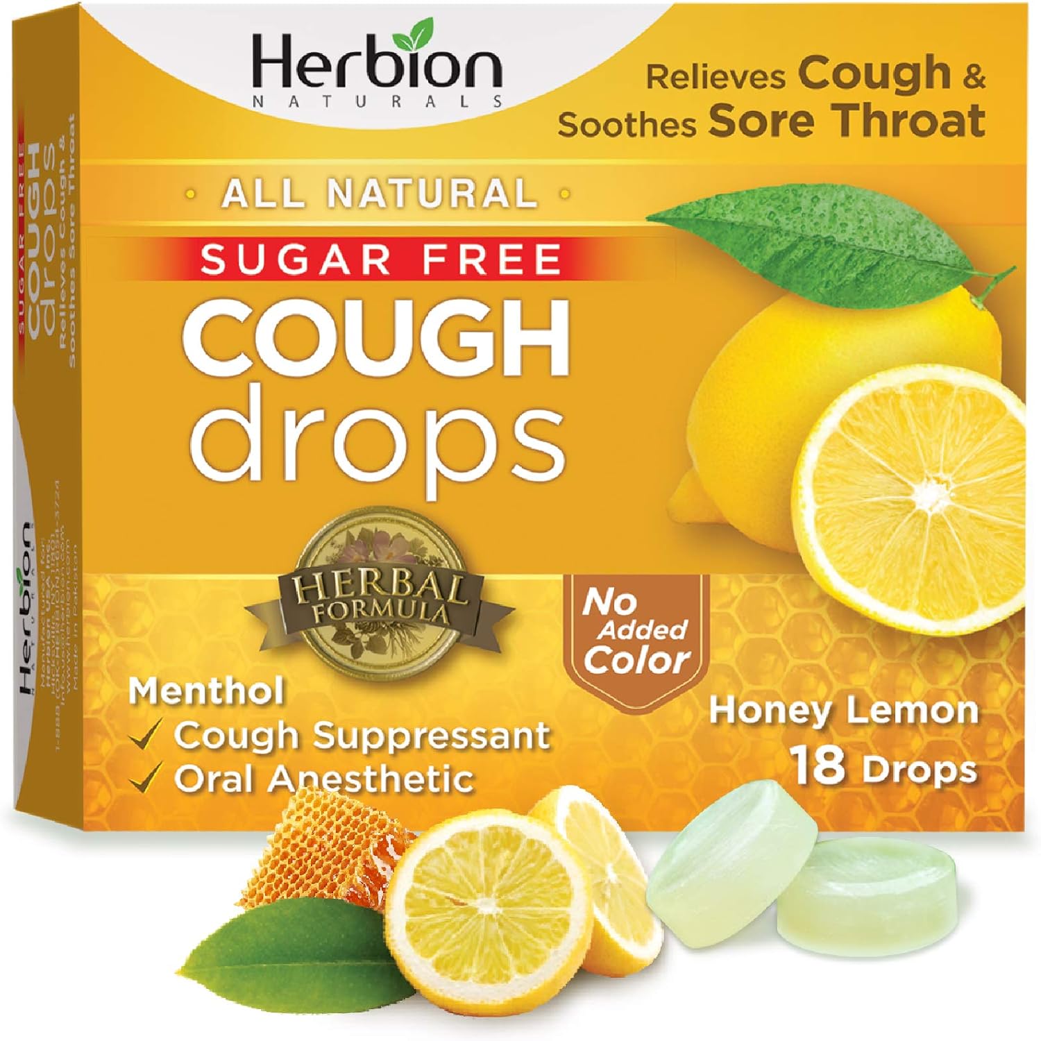 Herbion Naturals SugarFree Cough Drops with Natural Honey Lemon Flavor, 18 Drops