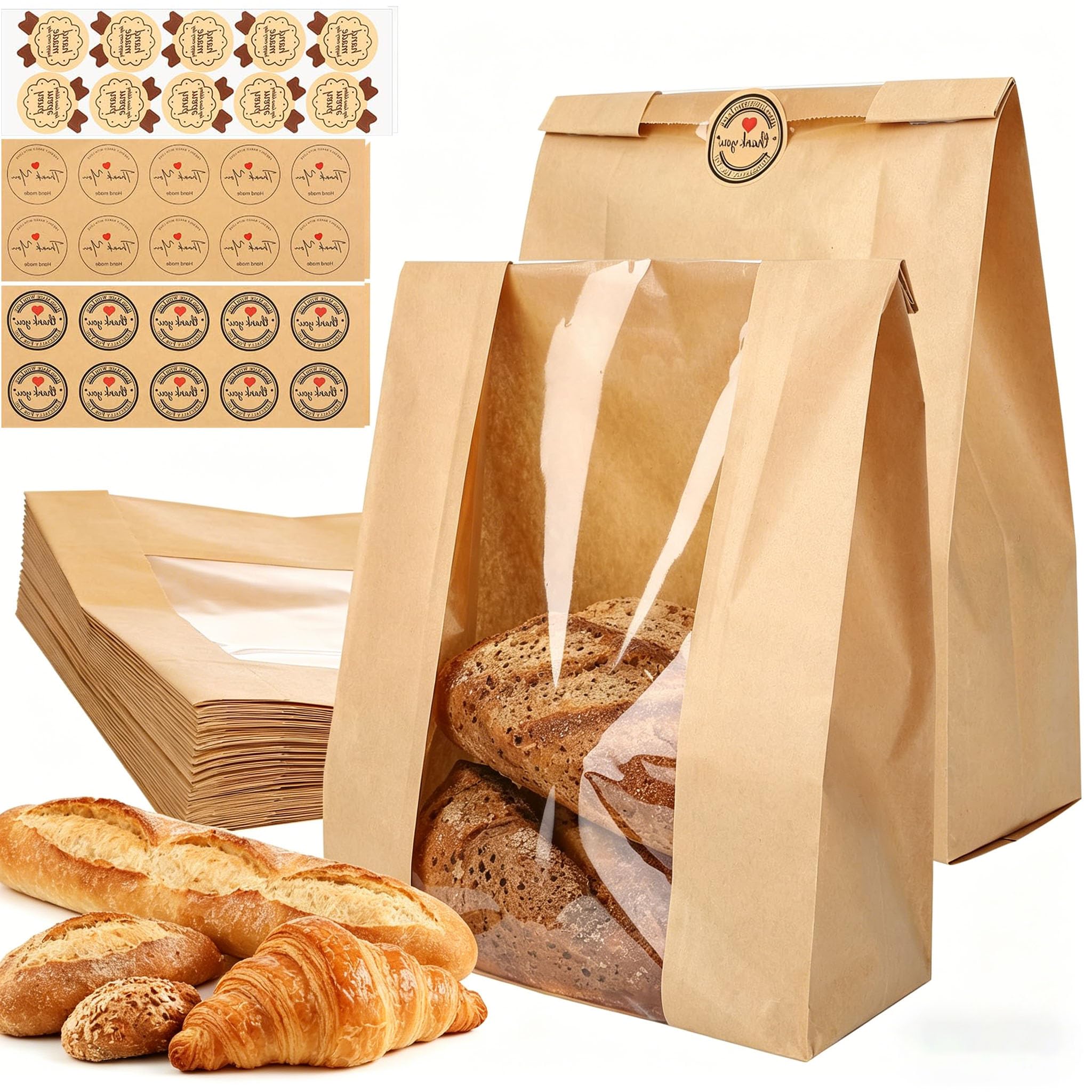 Lpvvpez Kraft 30 Pack Paper Bread Bags With Window For Homemade Bread, Large Sourdough Bakery Bags 13.78X8.27x3.5 Inch, Paper Sandwich Bags With Thank You Stickers For Storage Bread Cookies Snacks