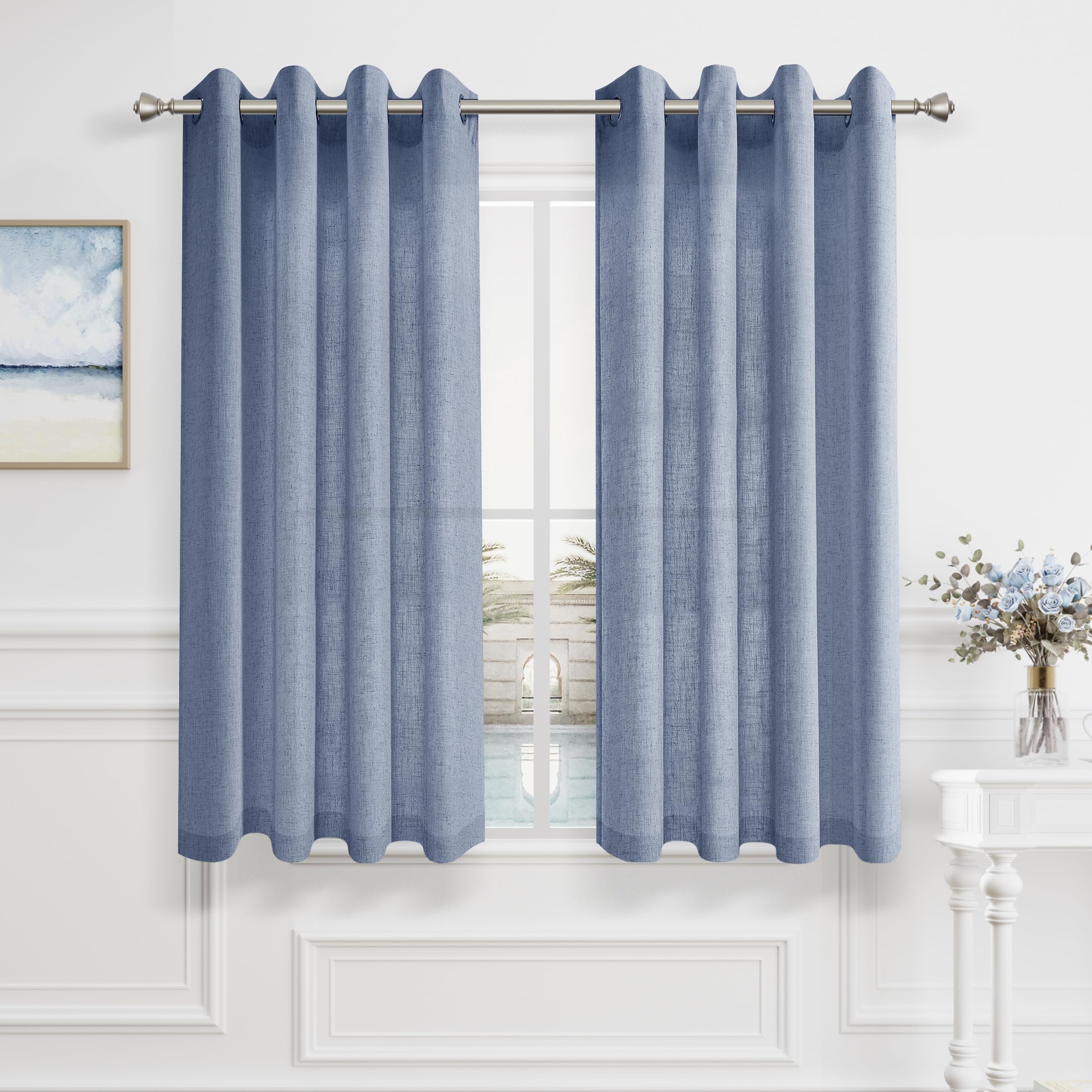 Aersas Stone Blue Curtains 45 Inch Length 2 Panels Set for Kitchen Bathroom Grommet Linen Drapes Semi Sheer Light Filtering Modern Neutral Short Small Denim Inches Long Bedroom Window โ image 1