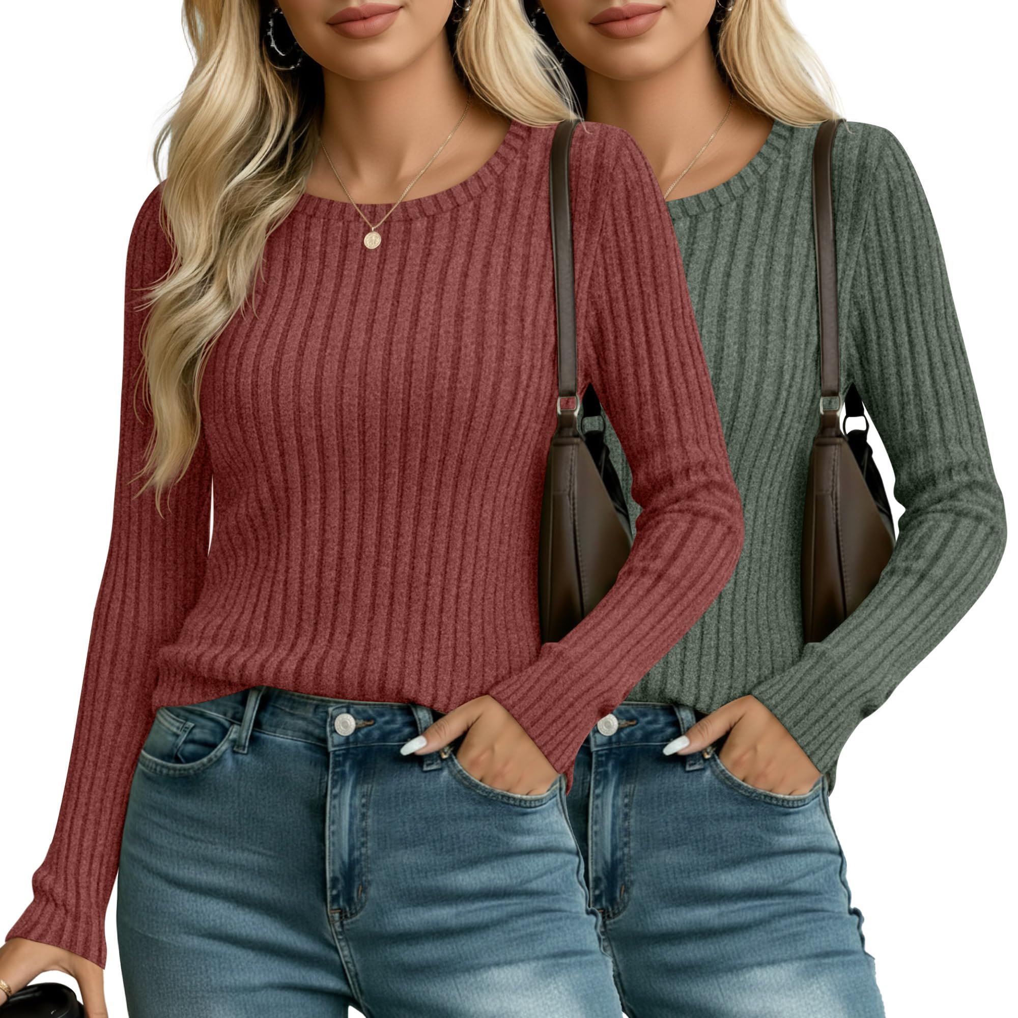 Ficerd 2 Pack Womens Long Sleeve Sweaters Ribbed Knit Fitted Sweater Lightweight Fall Tunic Tops Crew Neck Loose