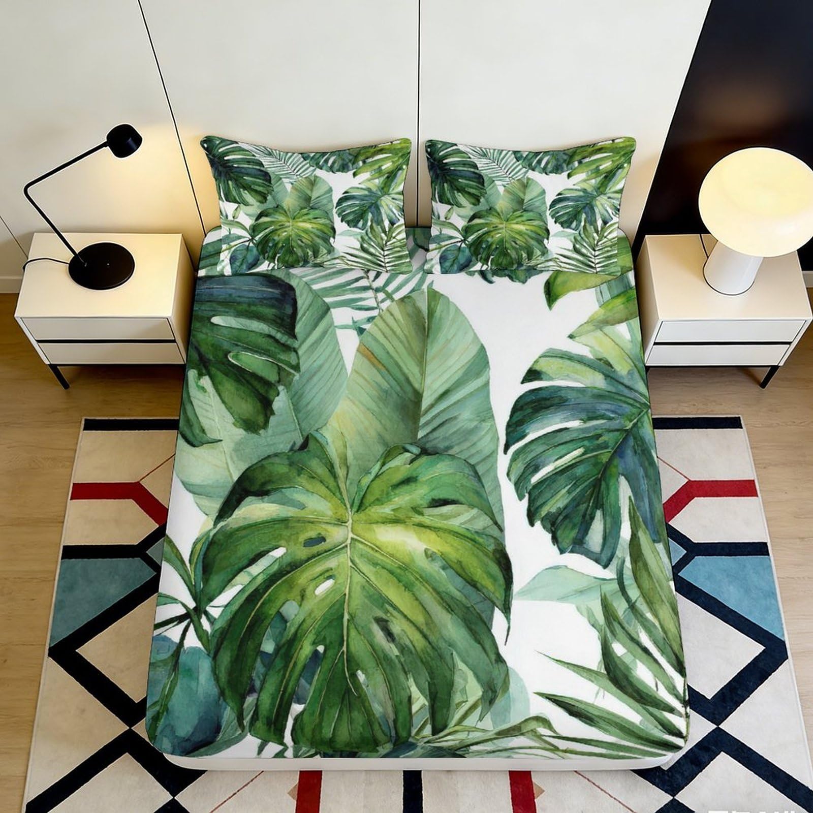 3D Printed Tropical Monstera Fitted Sheet Microfiber Soft Breathable Palm Leaf Mattress Cover Bedroom Home Decor 90x200x25cm