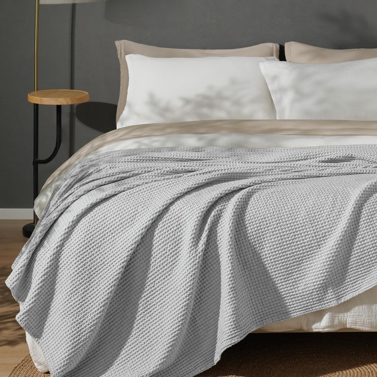 phf pre-washed 100% cotton waffle weave blanket king size for bed,snag proof throw blanket for couch spring summer lightweight breathable,machine washable, home decor gift - light grey