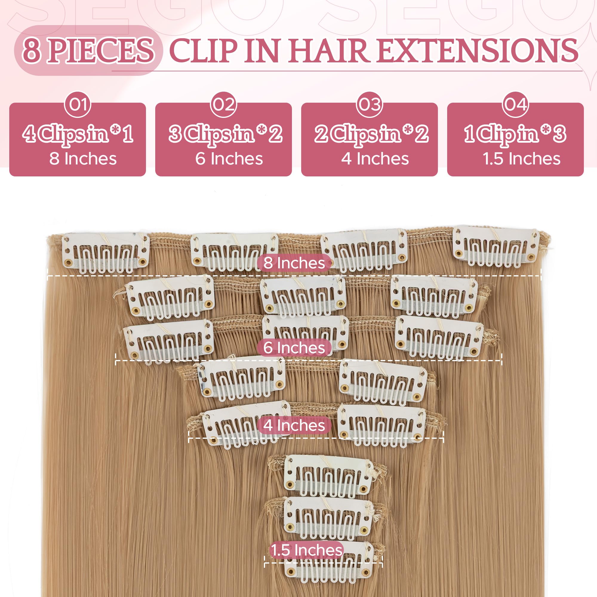 SEGO 18 Inch Thick Highlight Hair Piece 8PCS Long Straight Clip in Extensions Full Head 130g Synthetic Fiber Hairpieces for Women Dark Blonde - Image 3