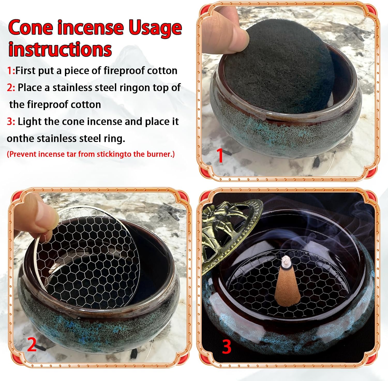 Ceramic Incense Burner Holder Set – 9 Hole Incense Stick Holder with Coil Incense Holder & Burner Tray – Multi-Function Censer for Cones, Coil Incense, and Stick Incense (Fambe Blue)