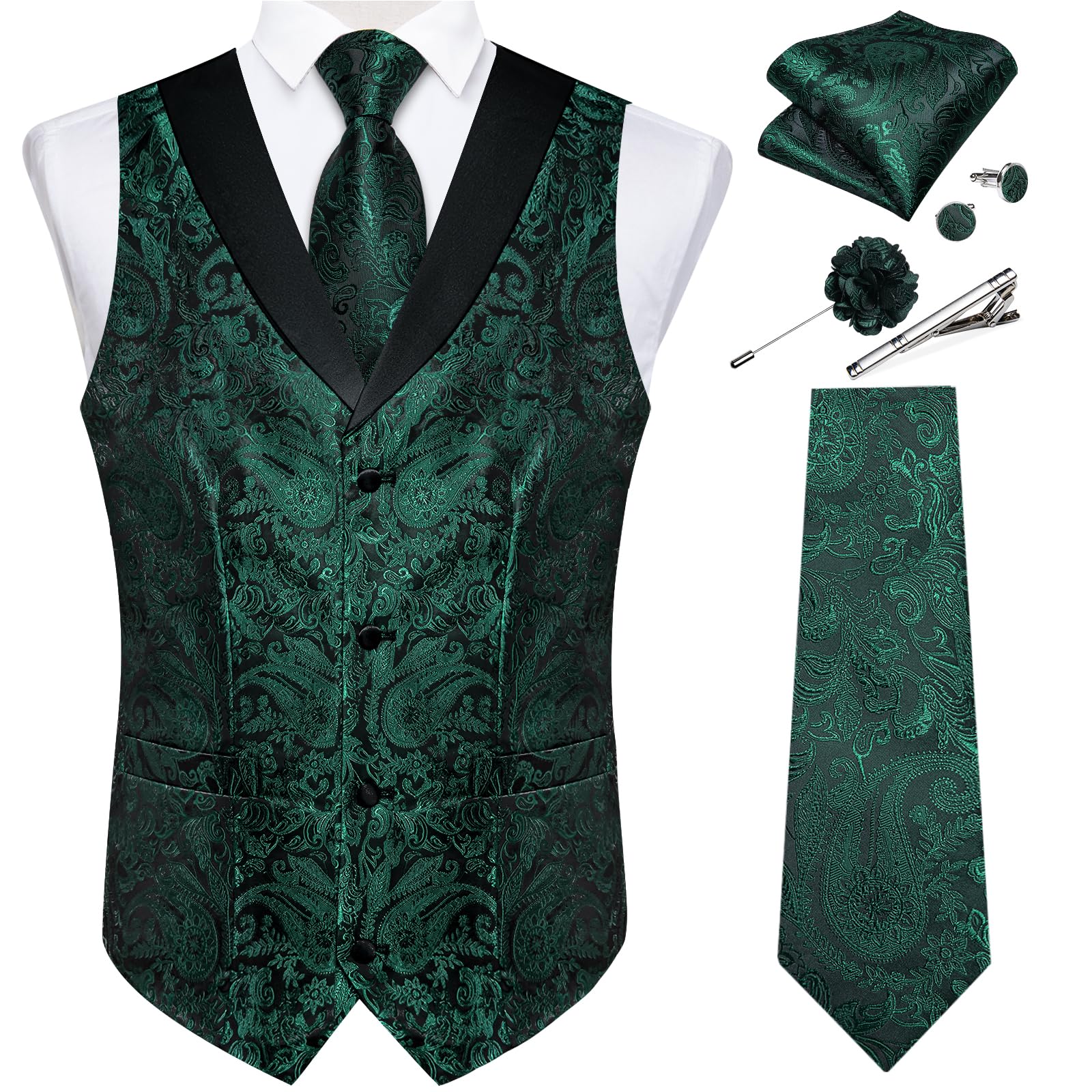 DiBanGu Mens Paisley Suit Vest Silk Jacquard Waistcoat and Necktie Set Formal Shawl Collar Dress Vest 7PCS for Wedding Party