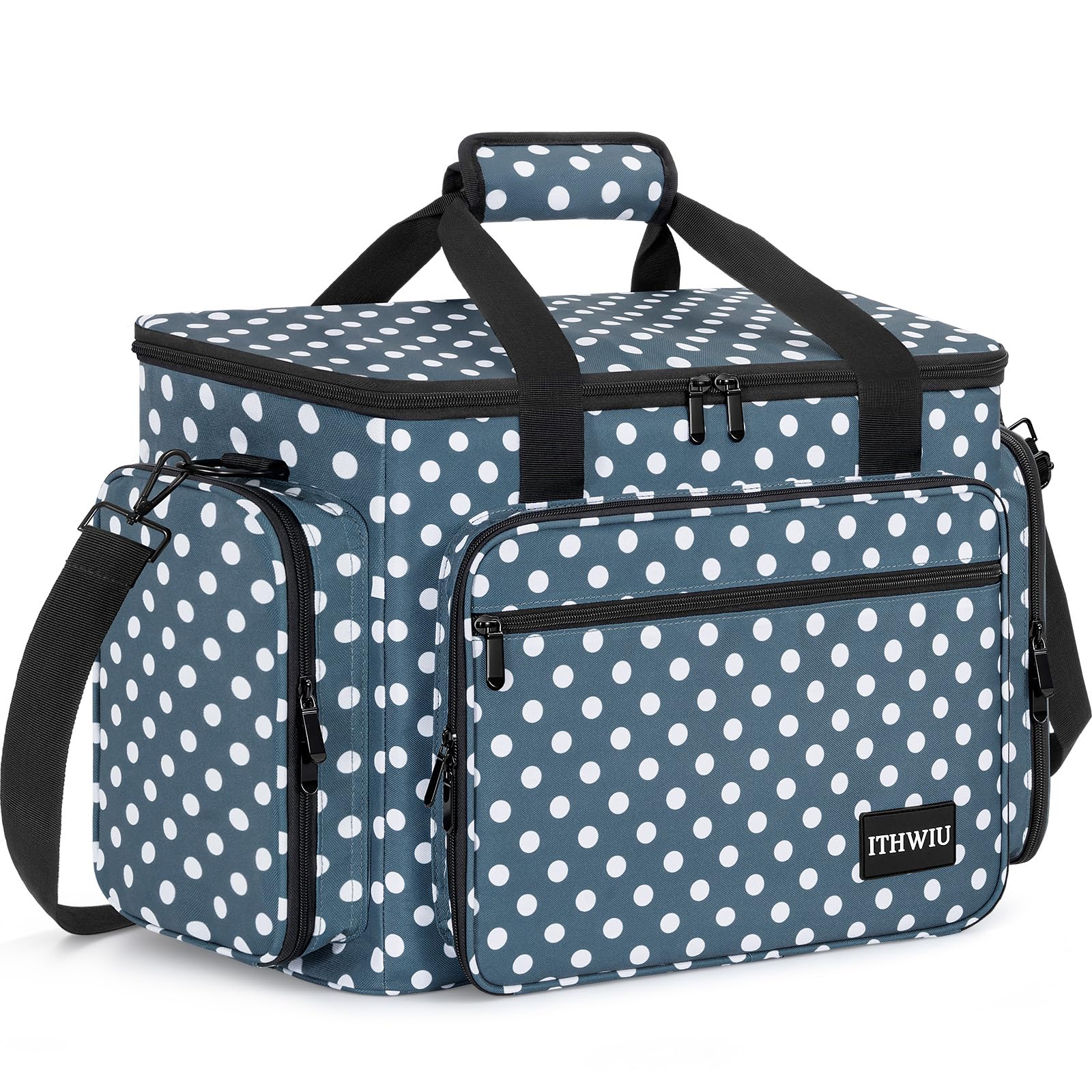 Sewing Machine Carrying Case with Multiple Storage Pockets Large Capacity, Universal Tote Storage Bag Compatible with Most Standard Singer, Brother, Janome, Navy Blue Dots