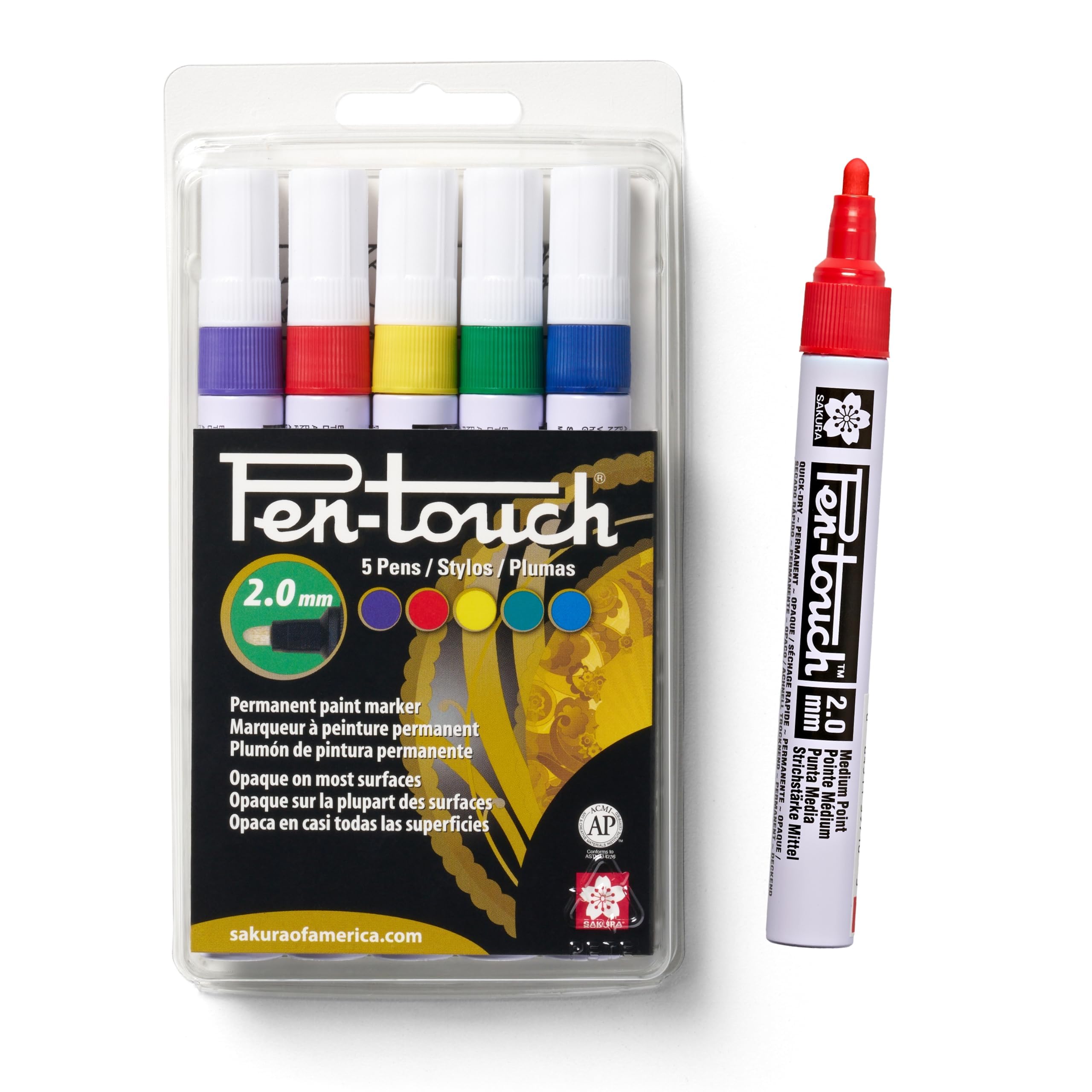 42592 5-Piece 2.0mm Pentouch Paint Marker, Medium, Yellow, Red, Purple, Green and Blue, Medium 5-pc b Set