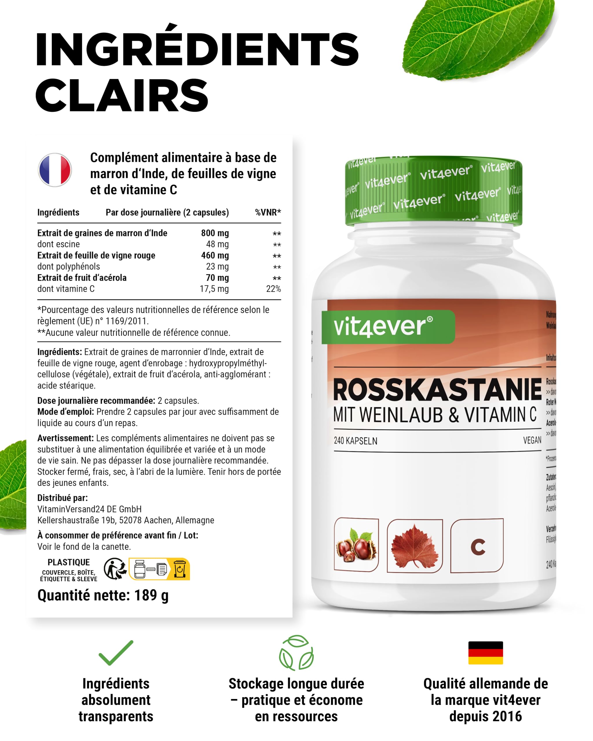 Extrait de marron d'Inde - 240 gélules - Hautement dosé avec 1330 mg d'extrait par portion journalière - Marron d'Inde avec feuilles de vigne & vitamine C d'acérola - Sans additif indésirable, végétal