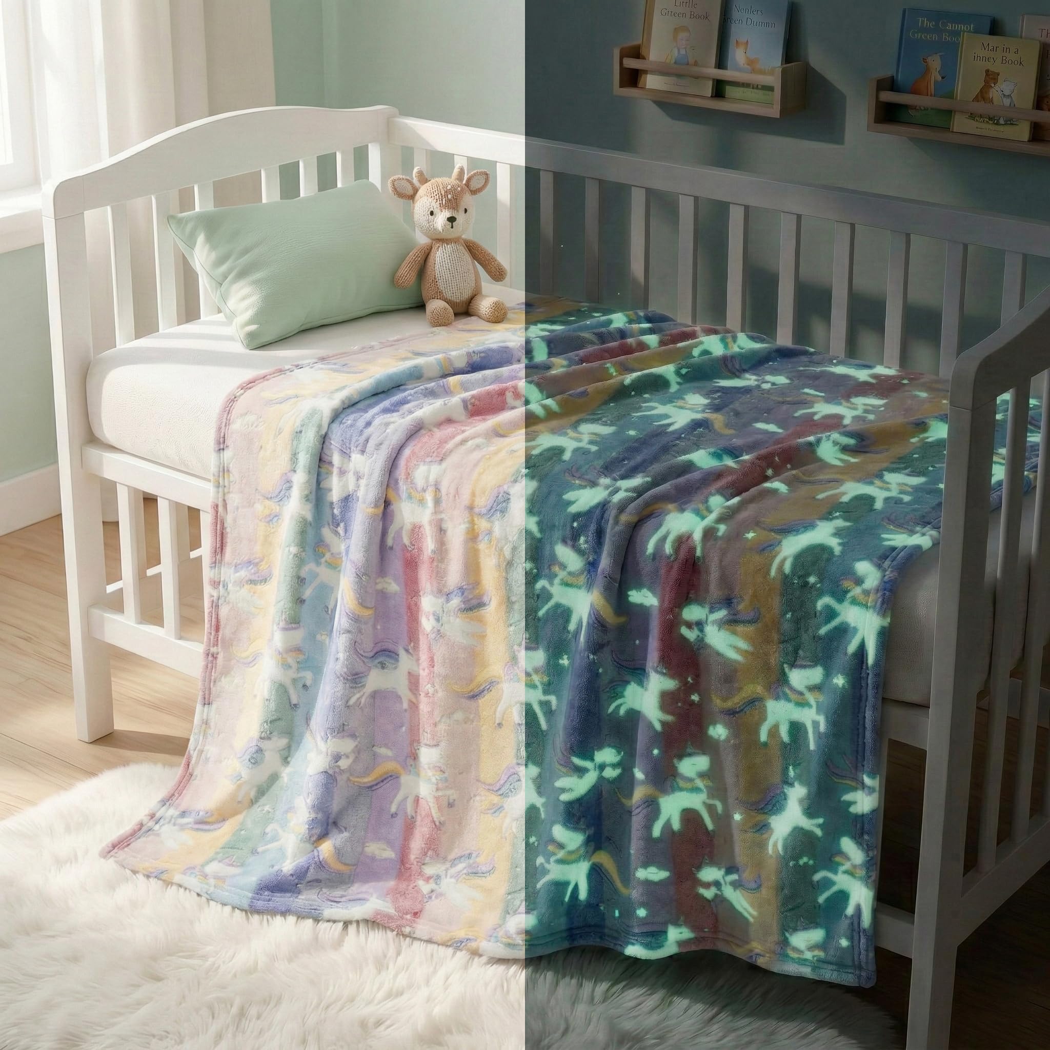 VAS COLLECTIONS Glow in The Dark Blanket for Kids (0–15 Years) 76x102 cm | Soft Flannel Throw Blanket | Luminous Kids Blanket | Safe Lab Tested Fabric | Cozy Blanket for Boys & Girls (Rainbow Unicorn)-image-7