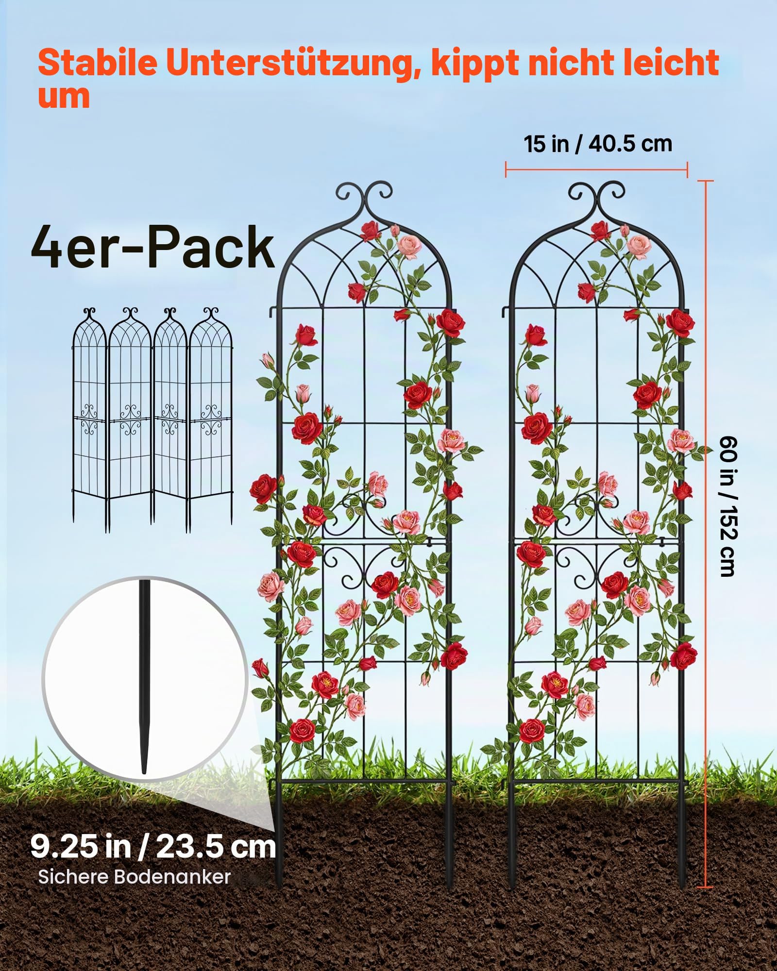 VEVOR Rankgitter, 152x40,5 cm 4er-Pack, Metall Rankhilfe mit Pulverbeschichteter Oberfläche & Verriegelungsmechanismus, Kletterhilfe, Garten Spalier, Pflanzengitter für Blumen, Gemüse & Rosen