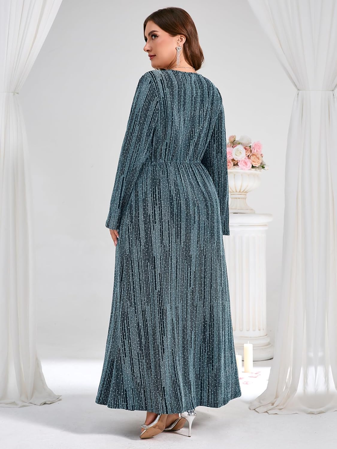 ZOMVA Plus Size Sparkly Formal Dress A-Line V-Neck Long Sleeve Glitter Maxi Gown Wedding Guest Cocktail Evening Party - Image 5