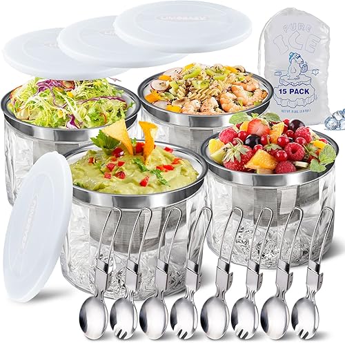 Miniatura 7 de LIMOEASY Servidor de condimentos refrigerado bandeja transparente con tapa para bar para fiestas con 5 compartimentos extraíbles cuenco para servir