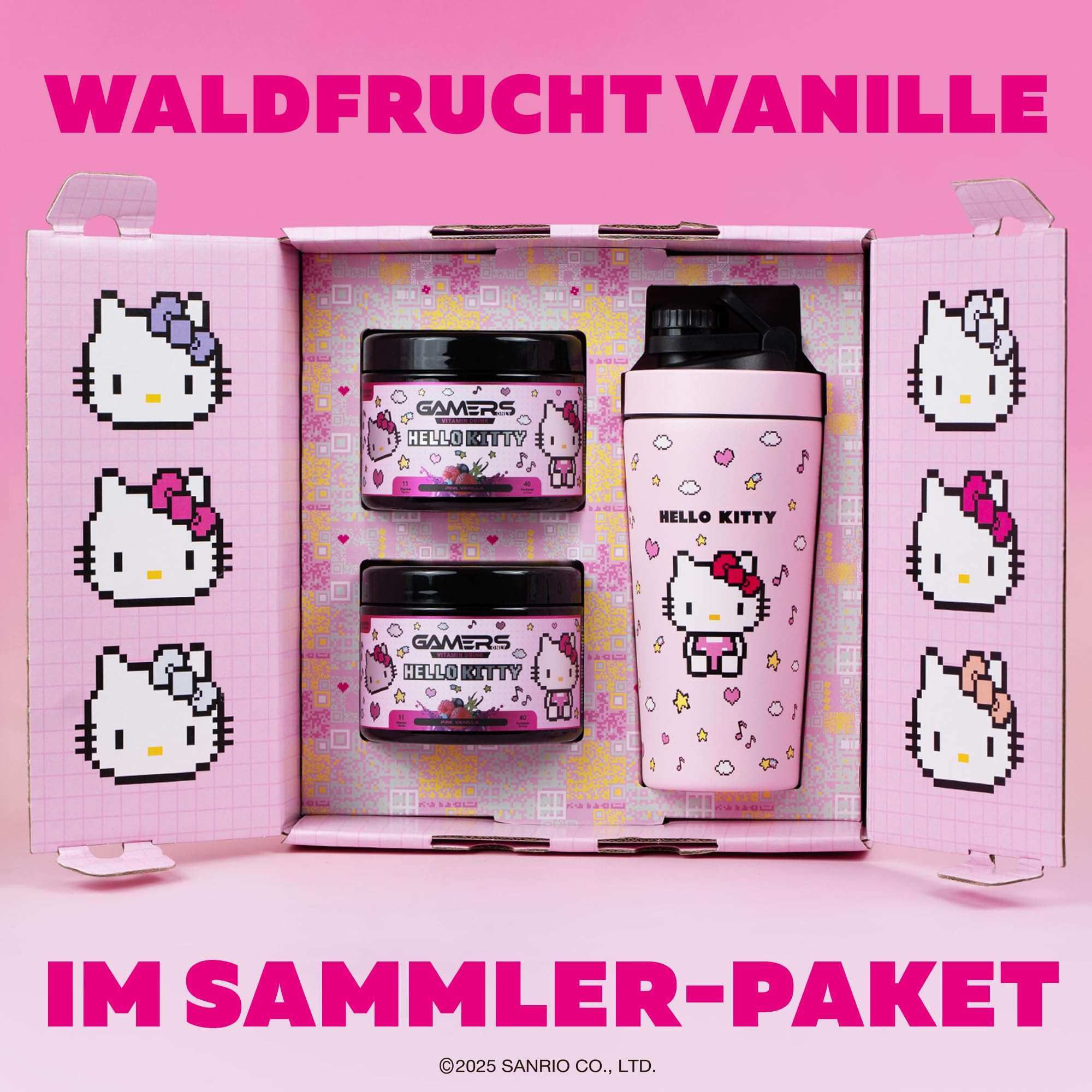 Gamers Only x HELLO KITTY Premium Collector Bundle [MIT 2x VITAMIN DRINK ] - 40 Portionen | inkl. Edelstahlshaker | Erhöht die Konzentration & Reaktionen | 125 MG Koffein & 12 Vitaminen