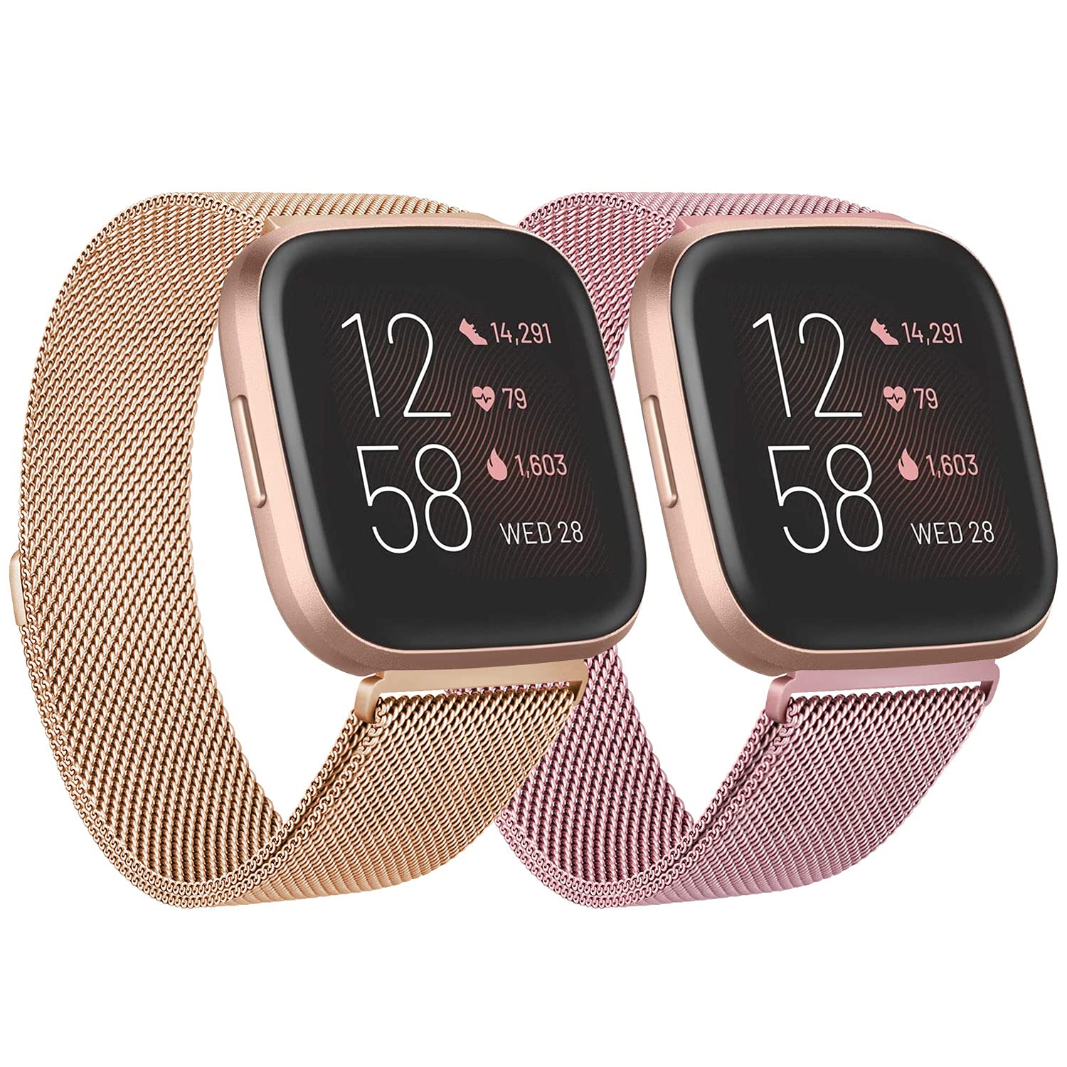 2 Pack Metal Bands for Fitbit Versa / Fitbit Versa 2 / Fitbit Versa Lite for Women Men, Stainless Steel Mesh Breathable Wristband Strap with Adjustable Magnet Lock