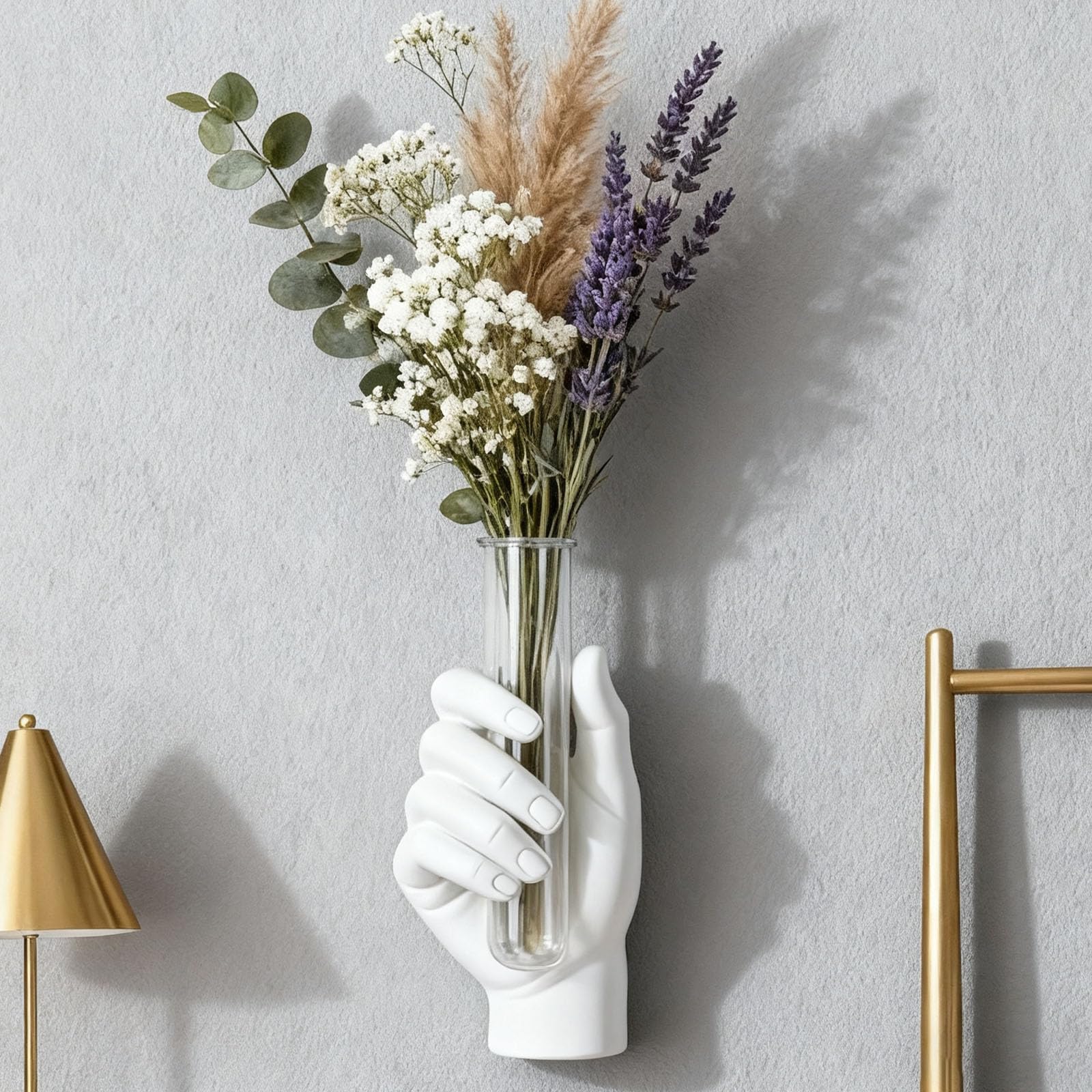 Jarrón de Pared con Forma de Mano, decoración artística Vintage, Escultura de Mano a tamaño Real con jarrón de Tubo de ensayo de Vidrio (Blanco)