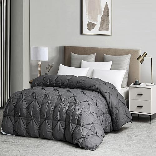 Miniatura 2 de Sirra Edredón plisado de fibra de plumón de ganso, relleno de edredón de plumón de ganso para todas las estaciones, edredón gris tamaño Queen, funda
